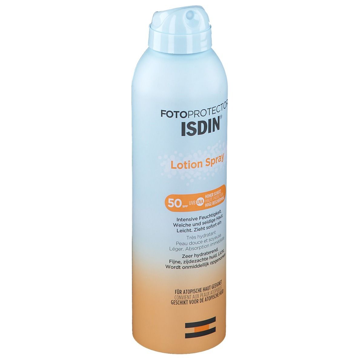 Spraydose mit ISDIN Fotoprotector Lotion Spray. Aufschrift: SPF50+. Orangefarbener Streifen mit Text. Hellblauer Deckel.