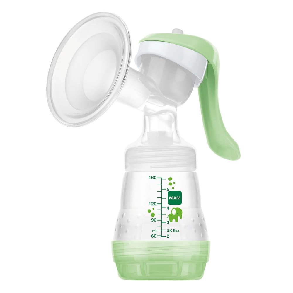 Manuelle Milchpumpe mit grünem Griff und Flasche mit ml-Skala und Elefanten-Logo.