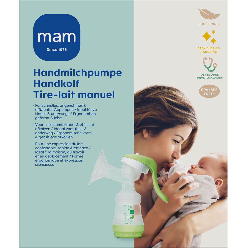 MAM Handmilchpumpe mit Flasche und Trichter, BPA/BPS frei.