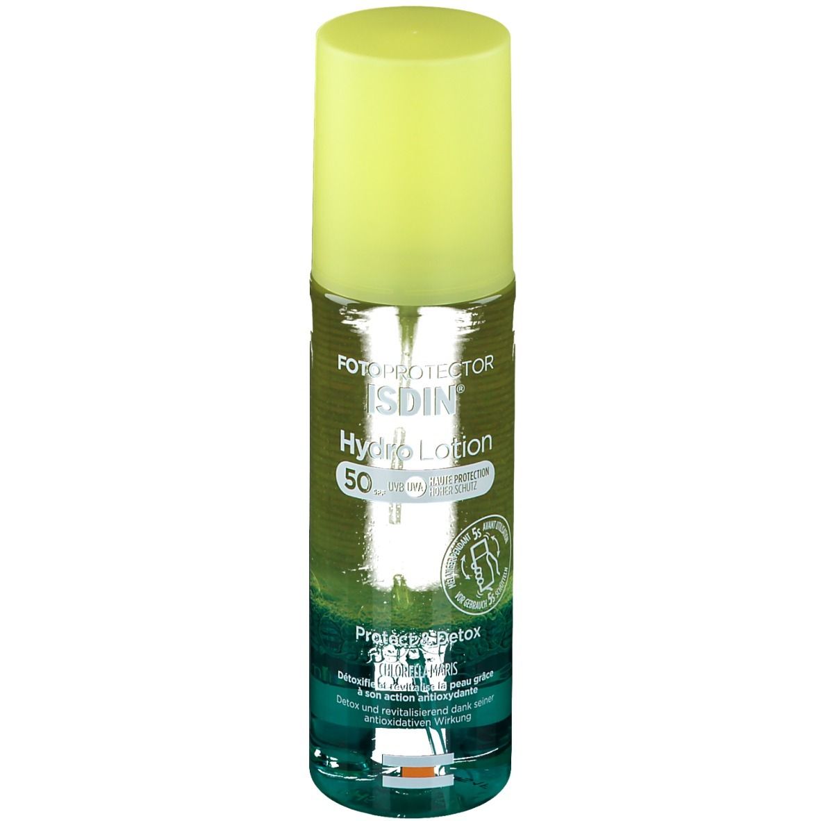 Produktflasche. Gelber Deckel, blauer Boden. Text: ISDIN Fotoprotector Hydro Lotion 50. Aufschrift: Protect & Detox.