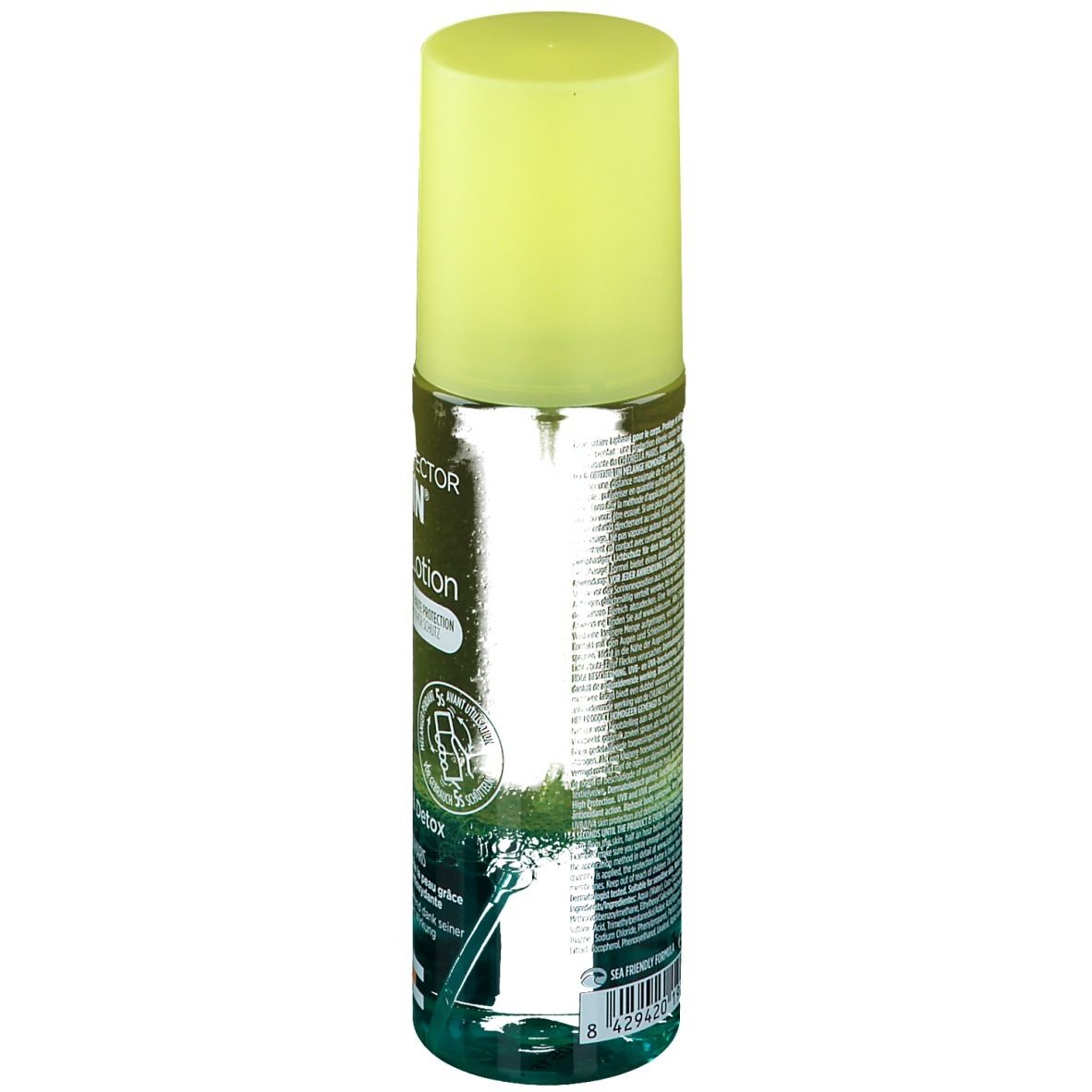 Produktflasche. Gelber Deckel, blauer Boden. Text: ISDIN Fotoprotector Hydro Lotion 50. Aufschrift: Protect & Detox.