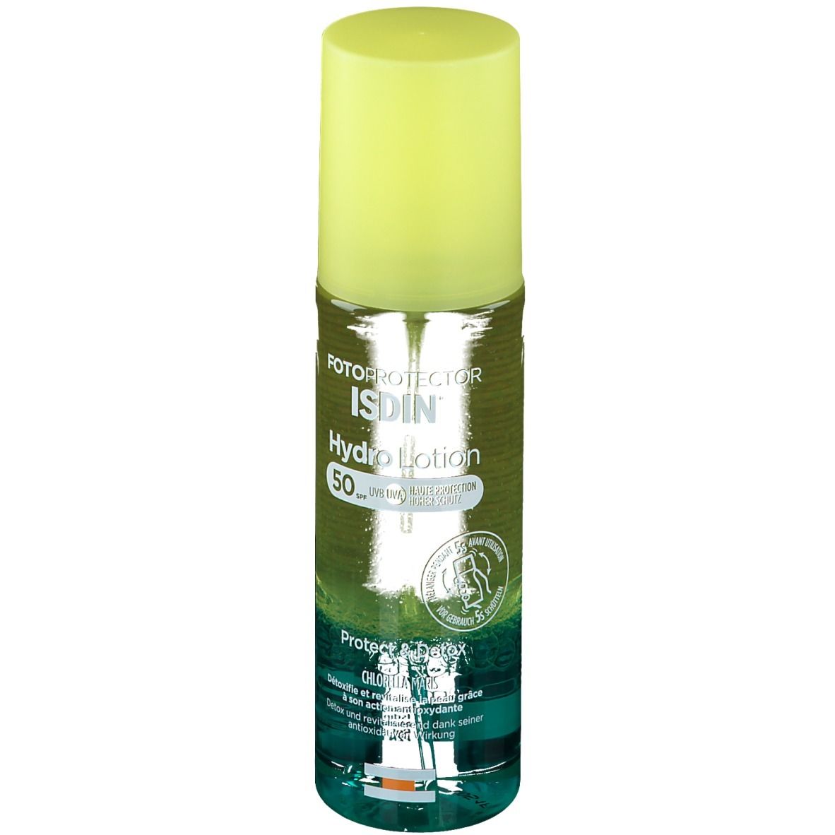 Produktflasche. Gelber Deckel, blauer Boden. Text: ISDIN Fotoprotector Hydro Lotion 50. Aufschrift: Protect & Detox.