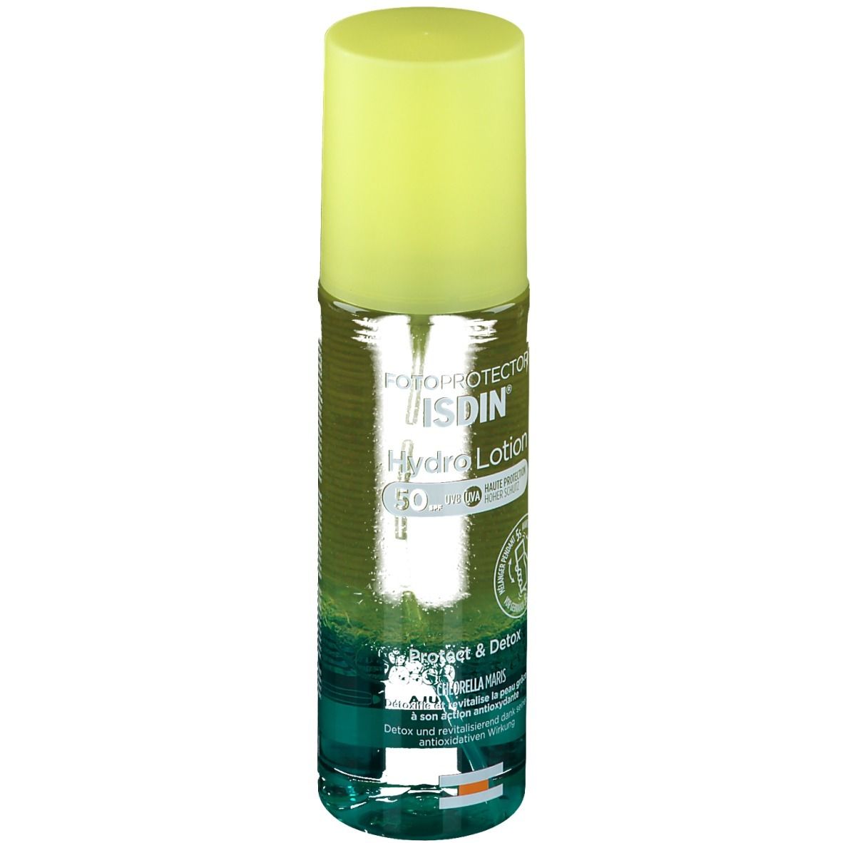 Produktflasche. Gelber Deckel, blauer Boden. Text: ISDIN Fotoprotector Hydro Lotion 50. Aufschrift: Protect & Detox.
