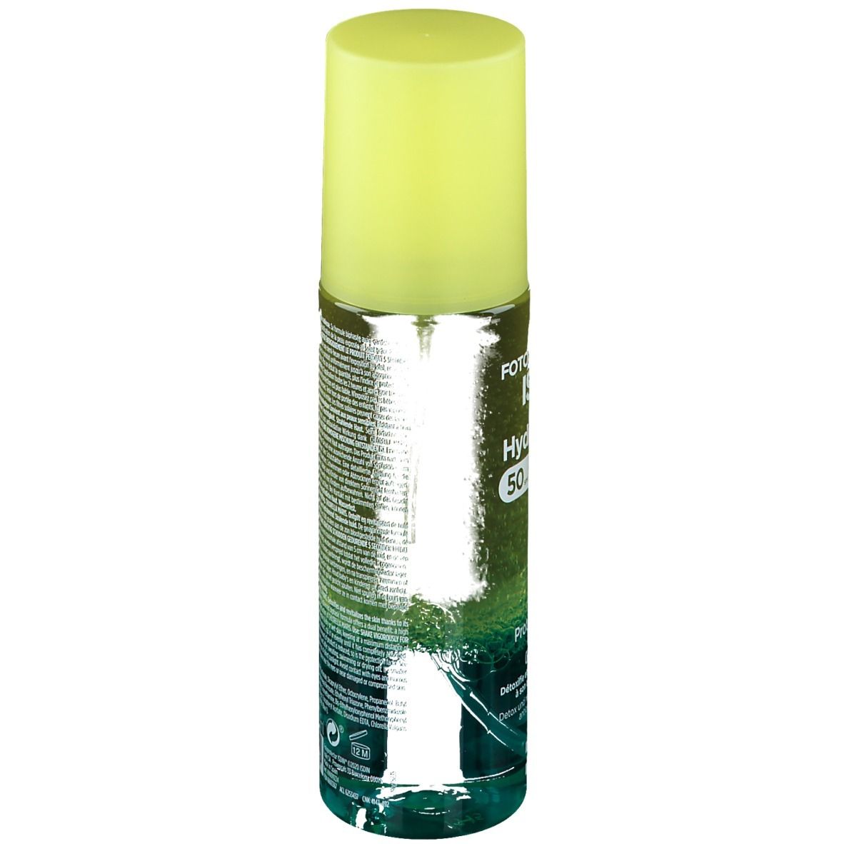 Produktflasche. Gelber Deckel, blauer Boden. Text: ISDIN Fotoprotector Hydro Lotion 50. Aufschrift: Protect & Detox.