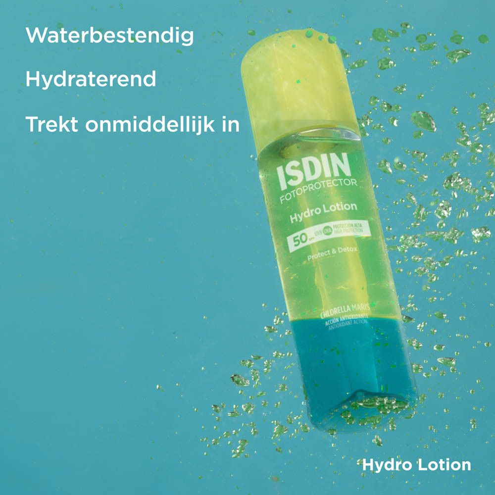 ISDIN Hydro Lotion SPF 50+ Flasche. Gelb-grüne Flüssigkeit. Wasser. Text.