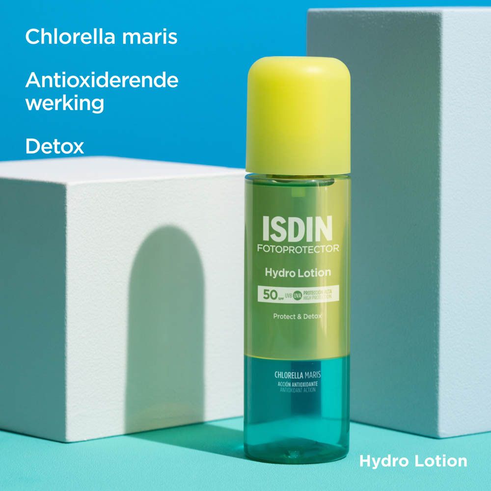 ISDIN Hydro Lotion SPF 50+ Flasche. Gelb-grüne Flüssigkeit. Text. Weißer Würfel.
