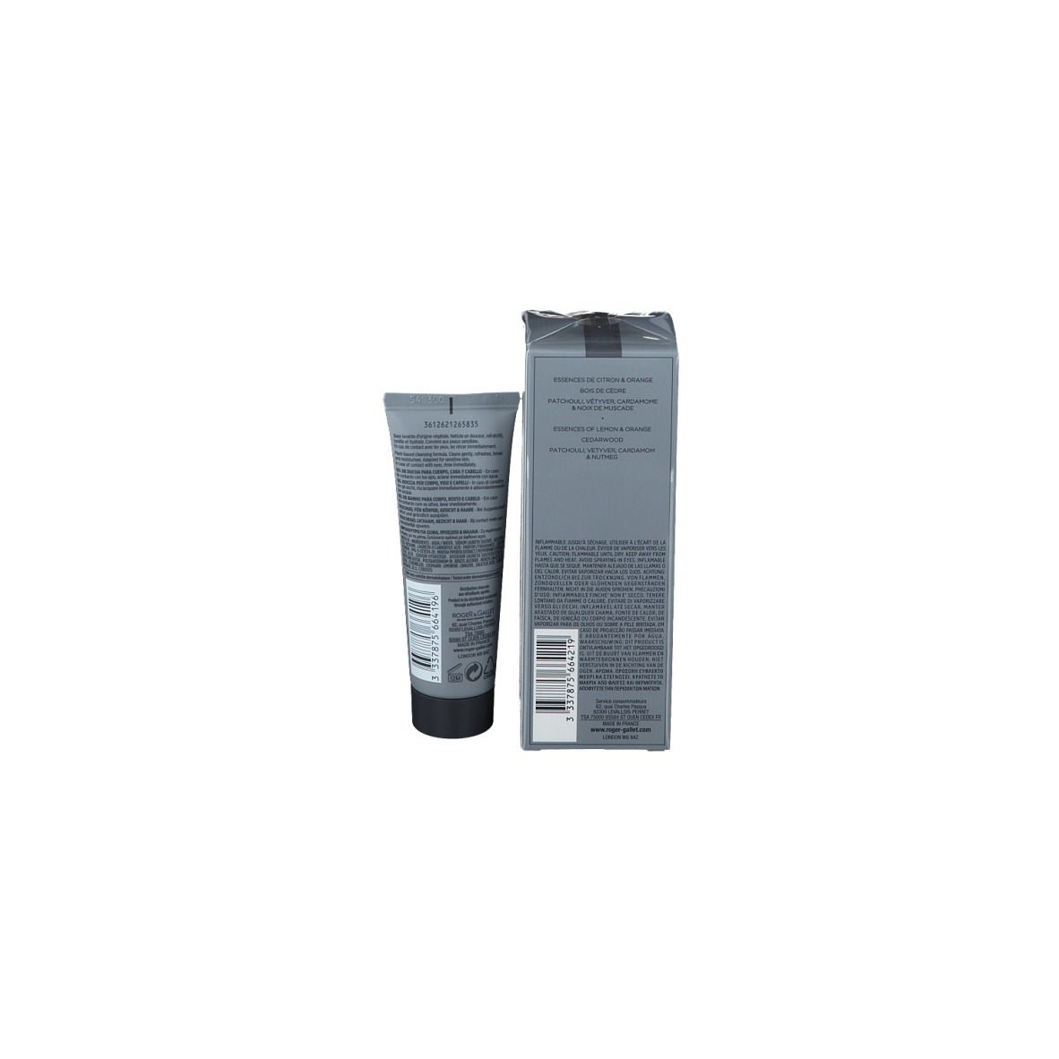 Graue Tube und Schachtel. Text auf der Tube und der Schachtel. Marke ROGER&GALLET.
