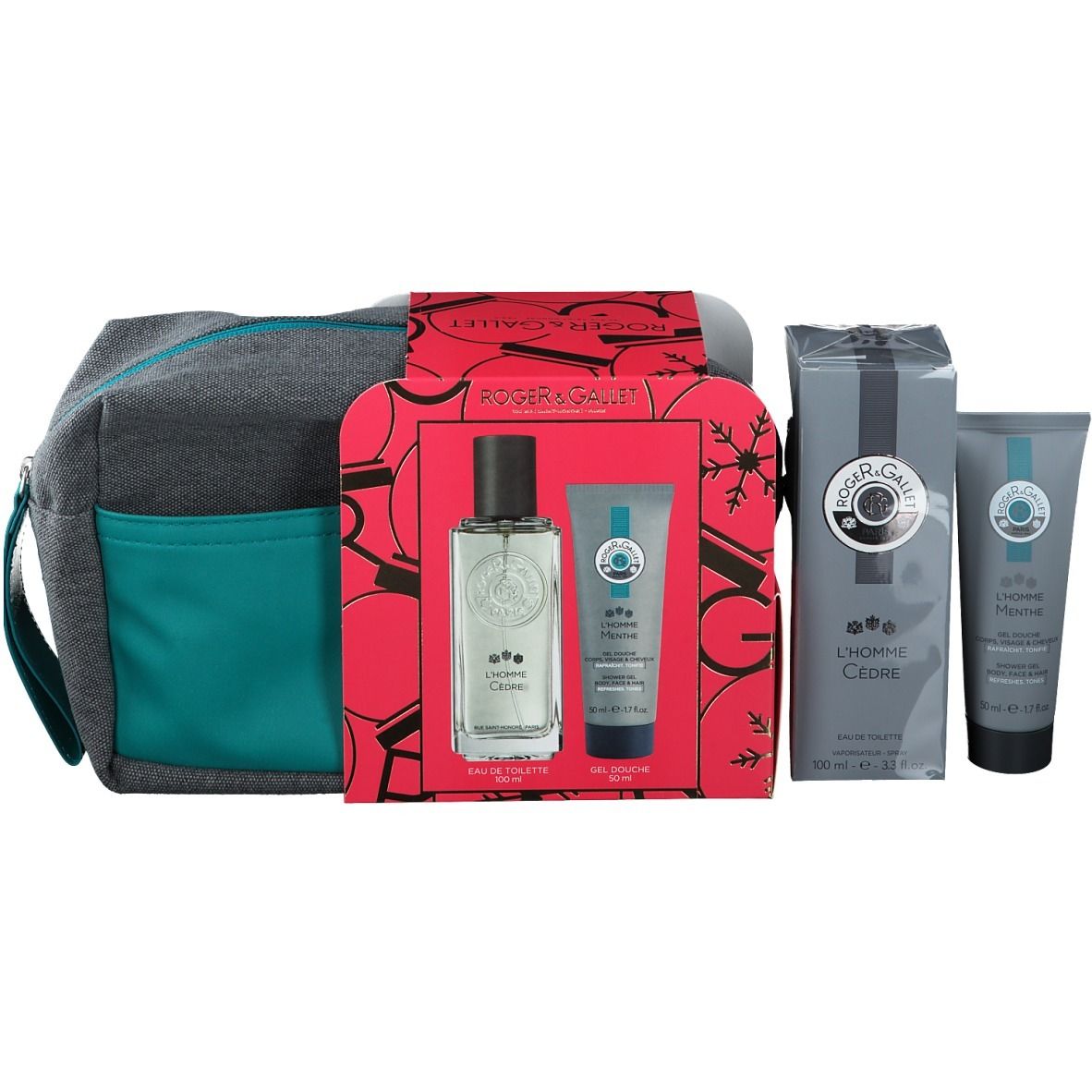 Geschenkset mit grauer Tasche, roter Schachtel, Flakon, Tube und Schachtel. Marke ROGER&GALLET.