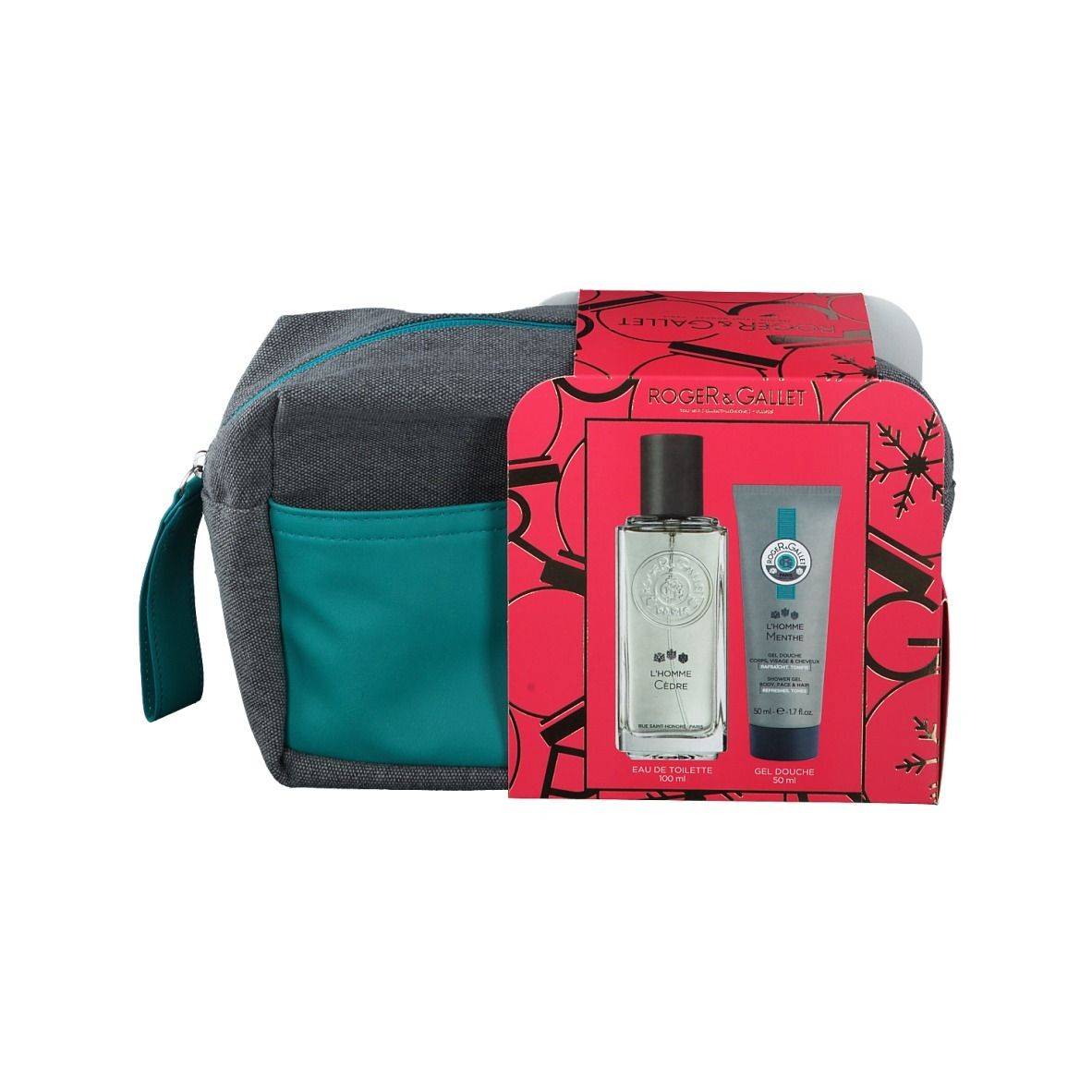 Geschenkset mit grauer Tasche, roter Schachtel, Flakon und Tube. Marke ROGER&GALLET.