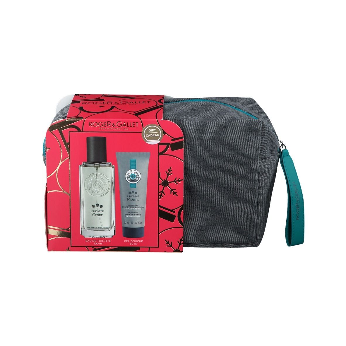 Geschenkset mit grauer Tasche, roter Schachtel, Flakon und Tube. Marke ROGER&GALLET.