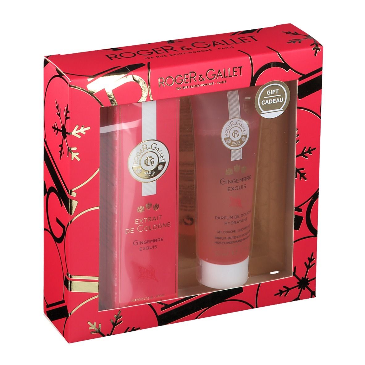 Coffret cadeau rouge avec deux produits visibles. Extrait de Cologne et gel douche.