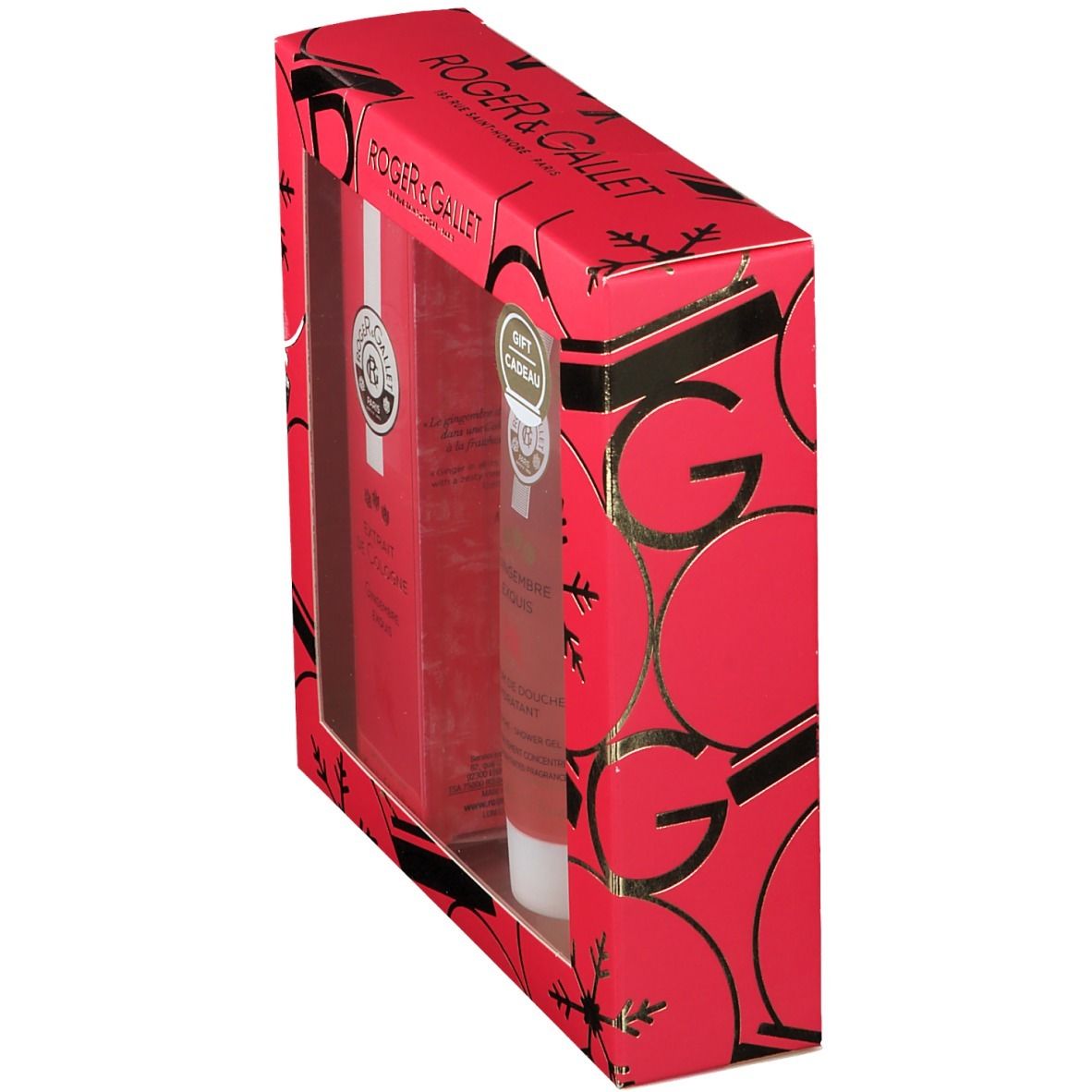 Coffret cadeau rouge avec fenêtre. Contient Extrait de Cologne et gel douche.