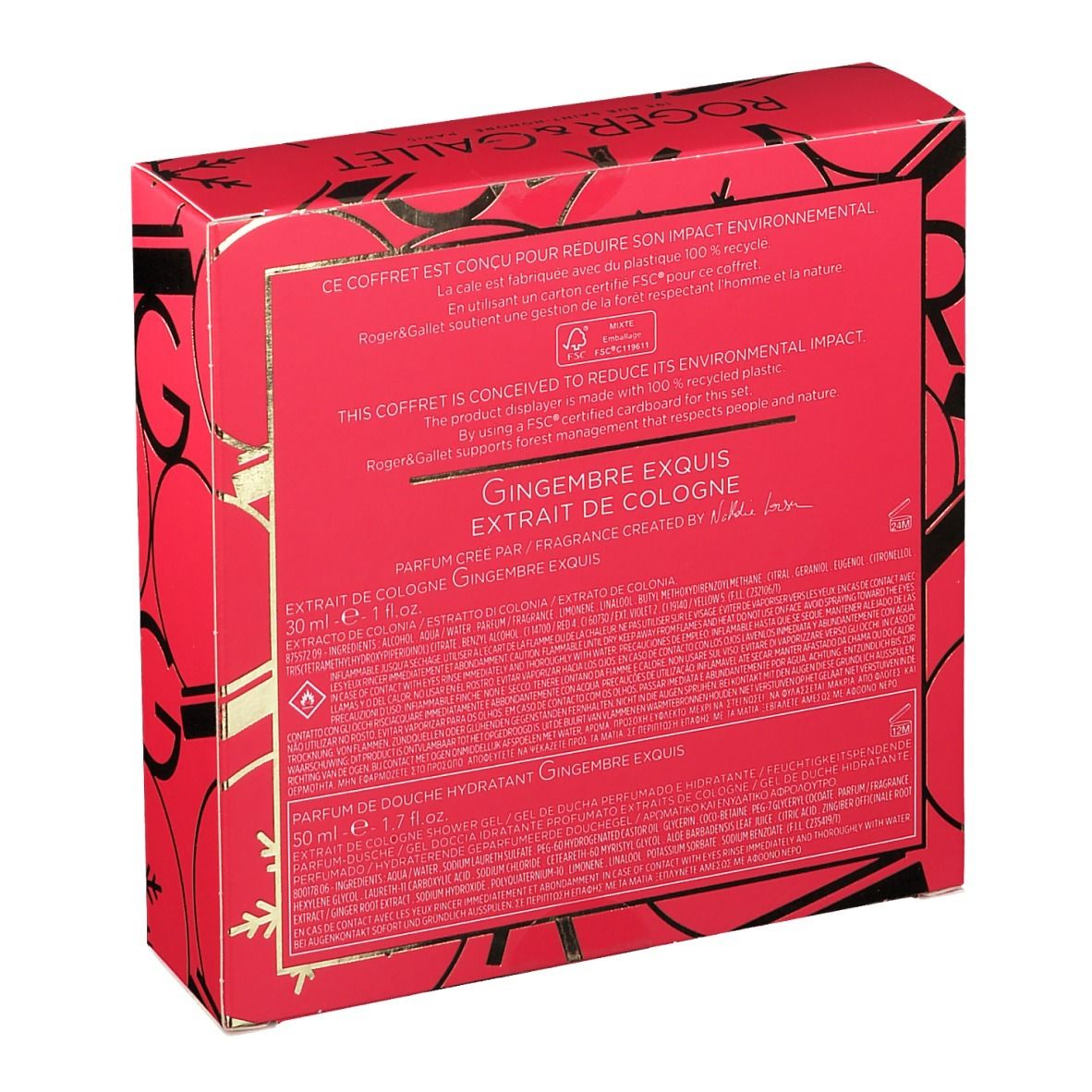 Dos du coffret cadeau rouge. Texte sur les ingrédients et l'impact environnemental.