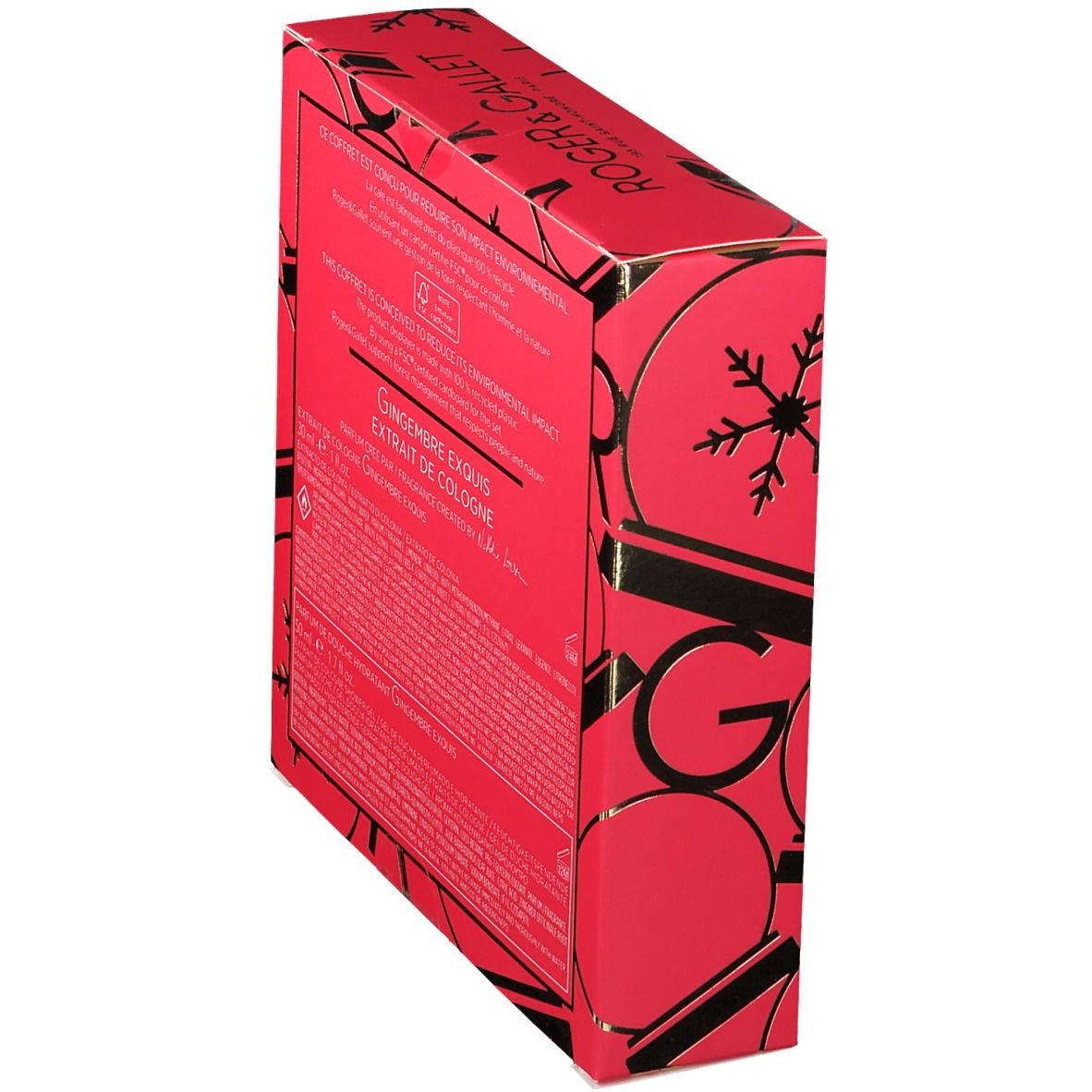 Vue latérale du coffret cadeau rouge. Texte et logo visibles. Certification FSC.