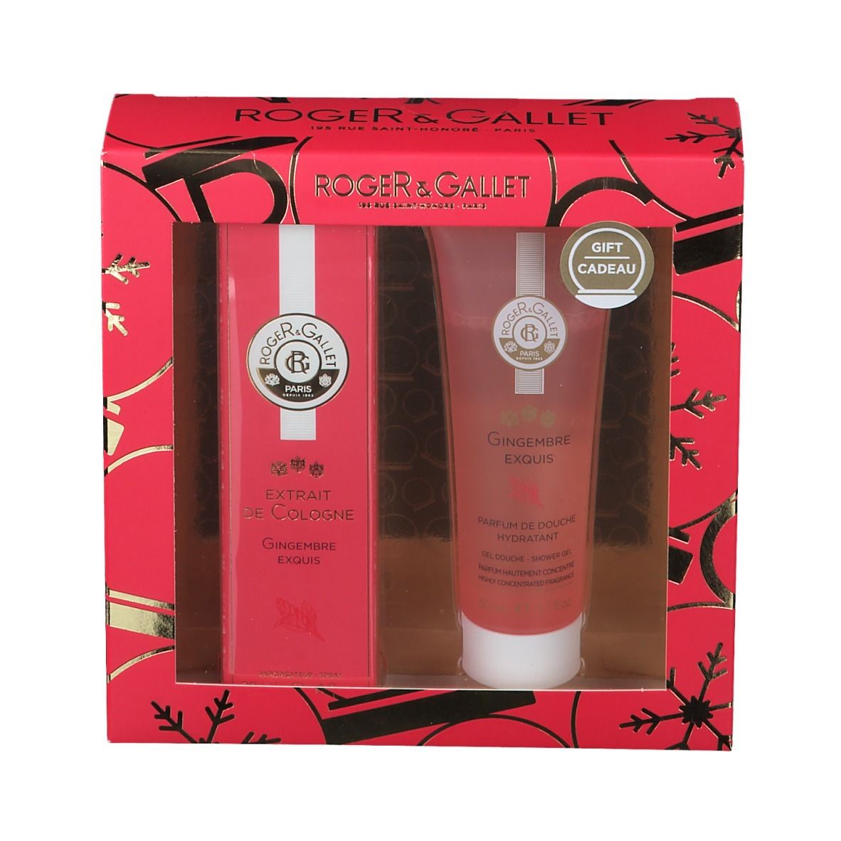 Coffret cadeau rouge avec deux produits. Extrait de Cologne et gel douche visibles.