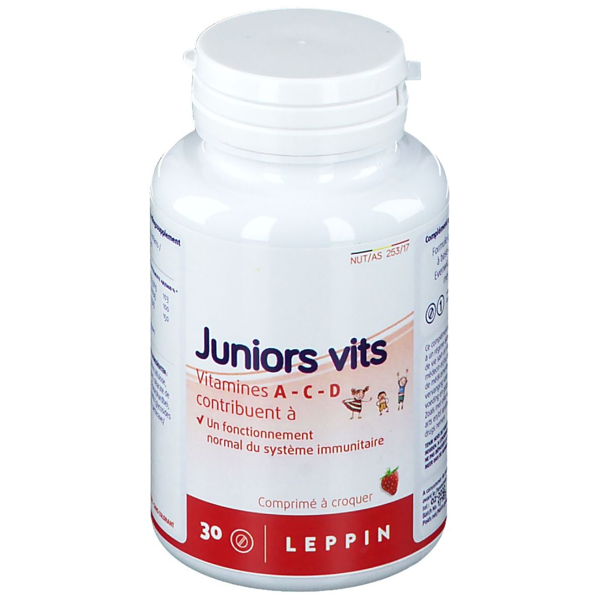 Flacon blanc "Juniors vits". Contient 30 comprimés. Symbole fraise. Marque: Leppin.