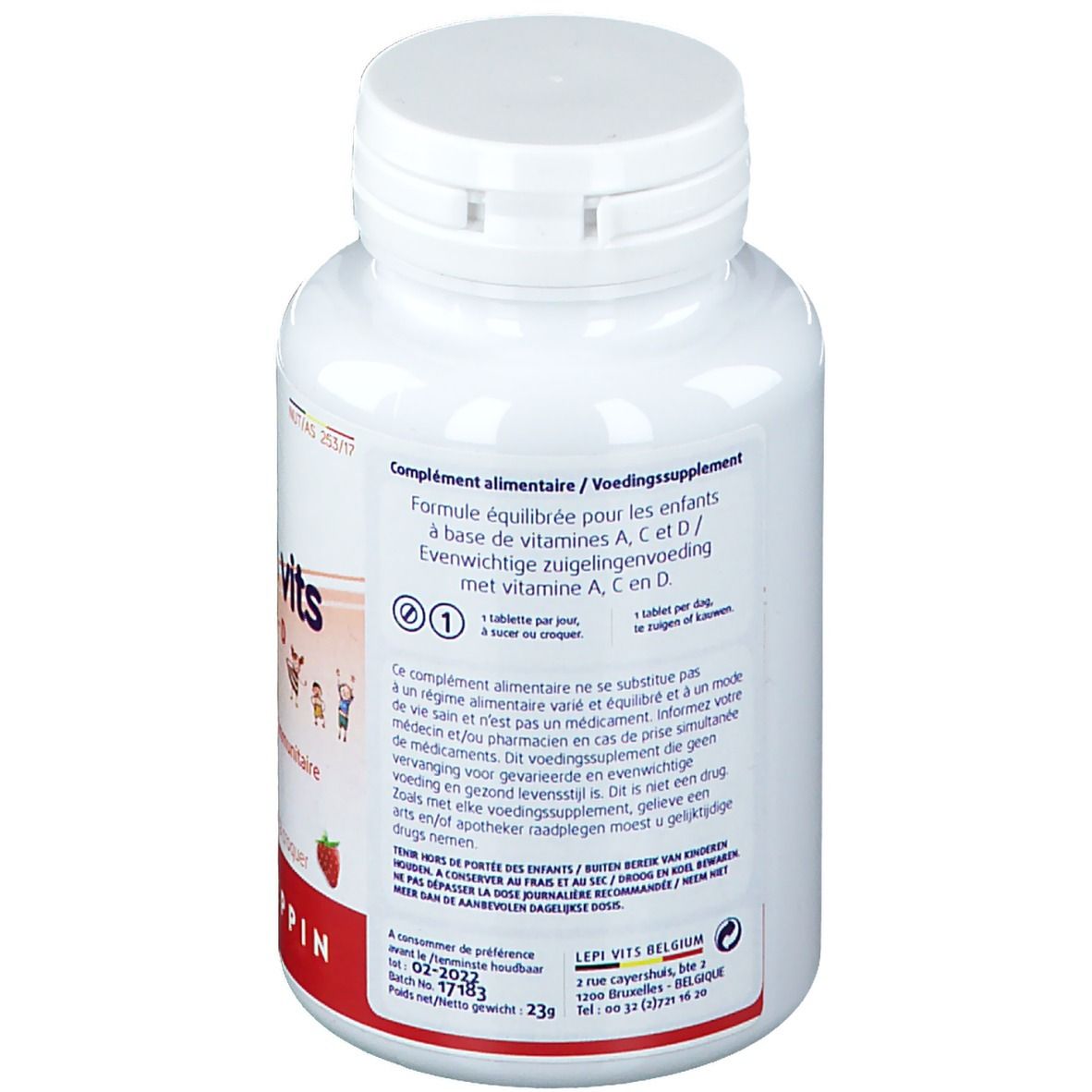 Dos du flacon blanc "Juniors vits". Texte multilingue. Marque: Leppin. Contient vitamines A, C, D.