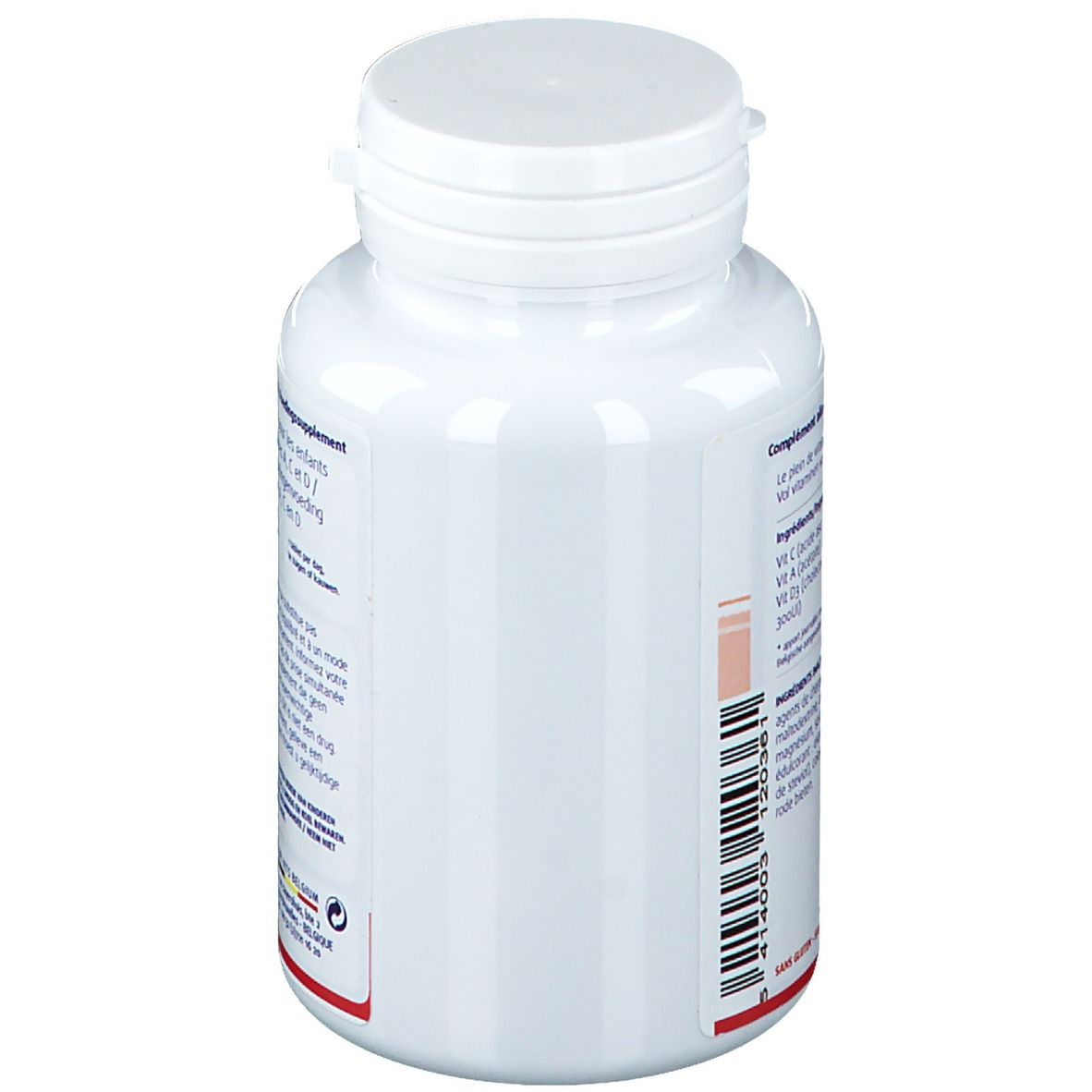 Flacon blanc "Juniors vits" de Leppin. Vue latérale. Avec couvercle blanc et code-barres.