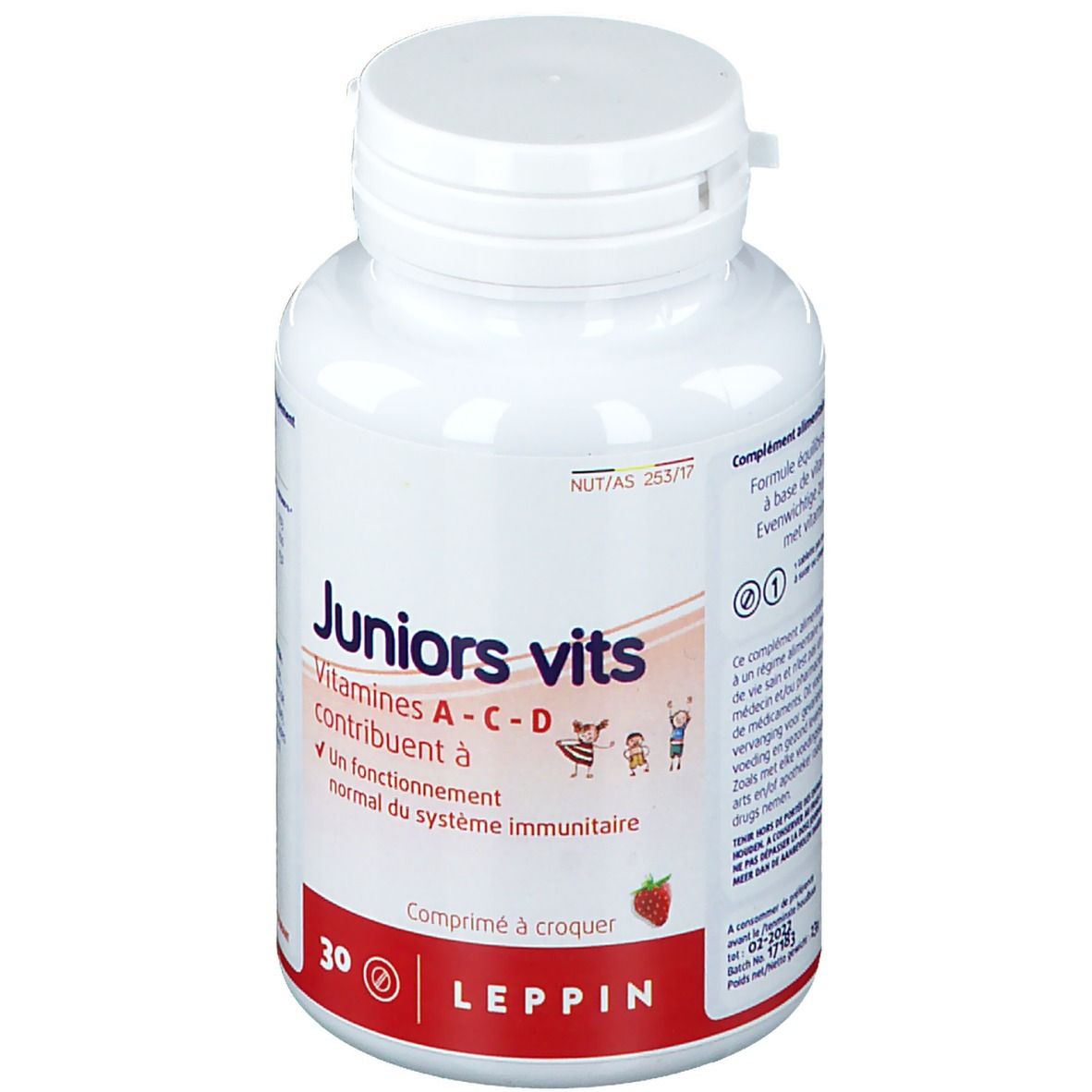 Flacon blanc "Juniors vits". Contient 30 comprimés. Symbole fraise. Marque: Leppin. Vitamines A-C-D.