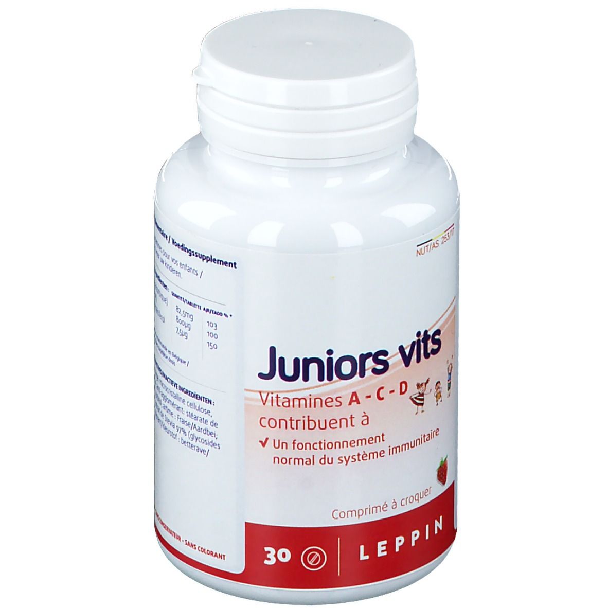 Flacon blanc "Juniors vits". Contient 30 comprimés. Marque: Leppin. Vitamines A-C-D. Sans colorants.