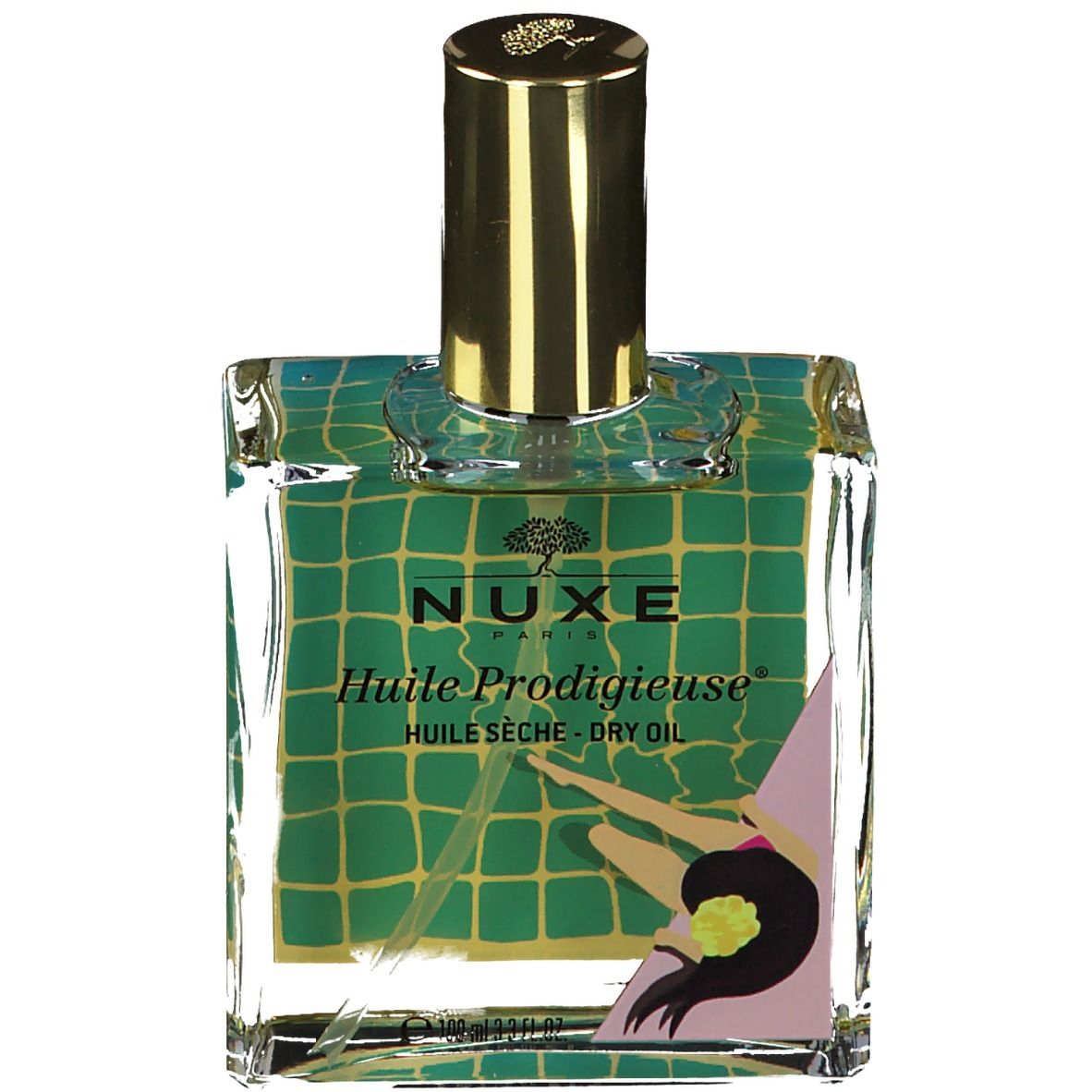 Flacon en verre avec bouchon doré. Étiquette avec motif vert et inscription Nuxe Huile Prodigieuse.