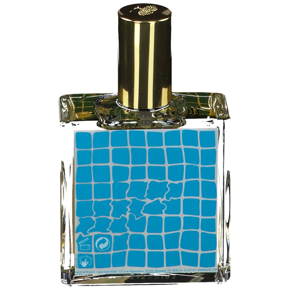 Flacon en verre carré avec bouchon doré. Motif carré bleu au dos.
