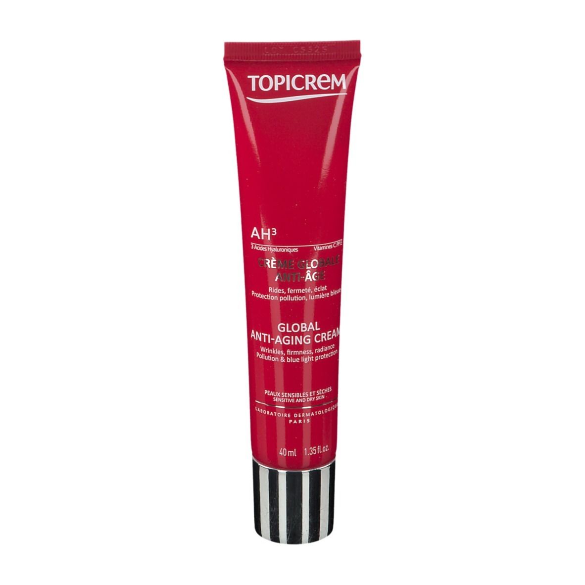 Rote Tube mit weißem Aufdruck. Enthält AH3 Global Anti-Aging Creme. Schwarzer und weißer Streifen am Boden. Marke TOPICREM.