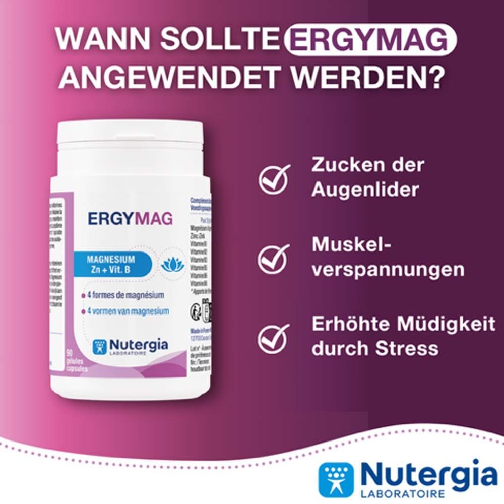 Dose Ergymag, Text: Wann sollte Ergymag angewendet werden? Symptome: Augenlidzucken, Muskelverspannungen, Müdigkeit.