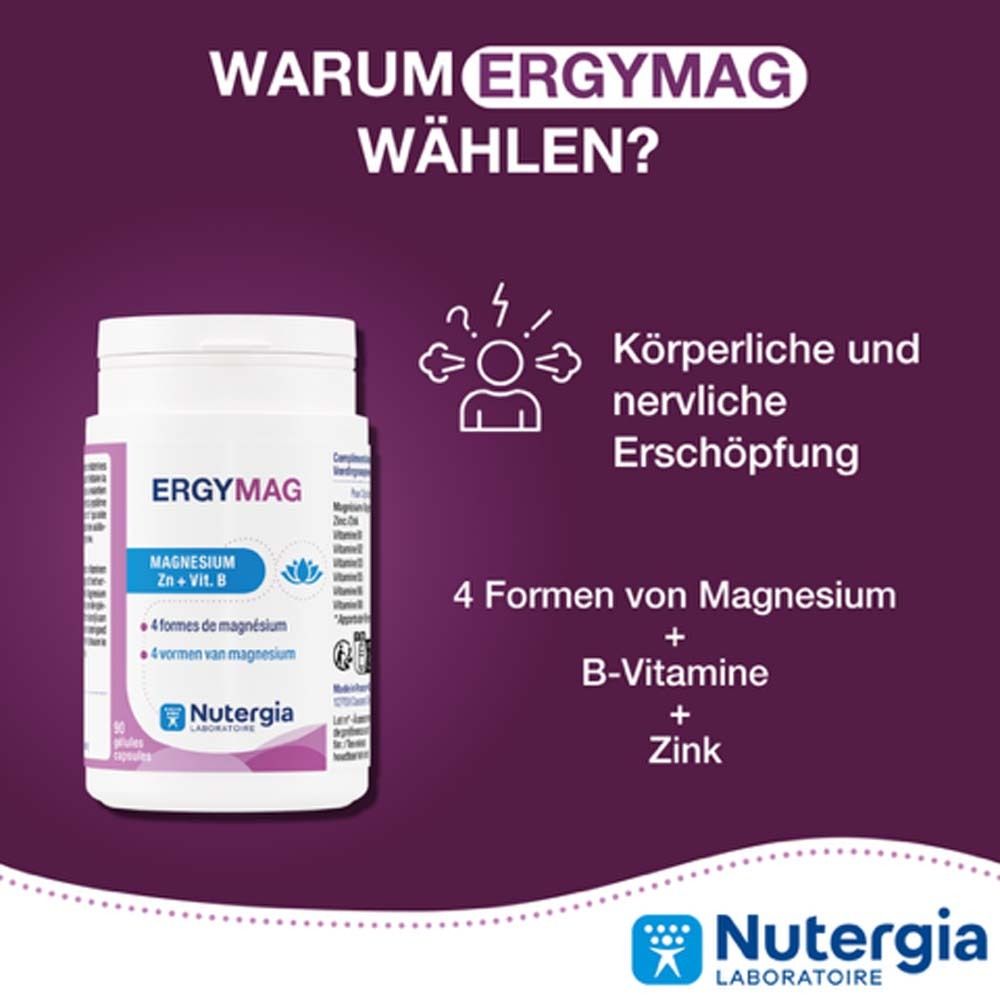 Dose Ergymag. Text: Warum Ergymag wählen? Symptome: Körperliche und nervliche Erschöpfung.