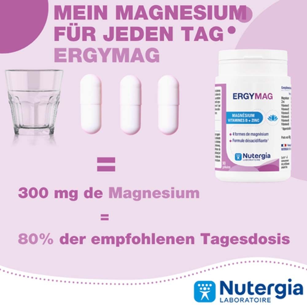 Ergymag-Dose, 3 Kapseln, Glas Wasser. Text: 300 mg Magnesium = 80% der empfohlenen Tagesdosis.