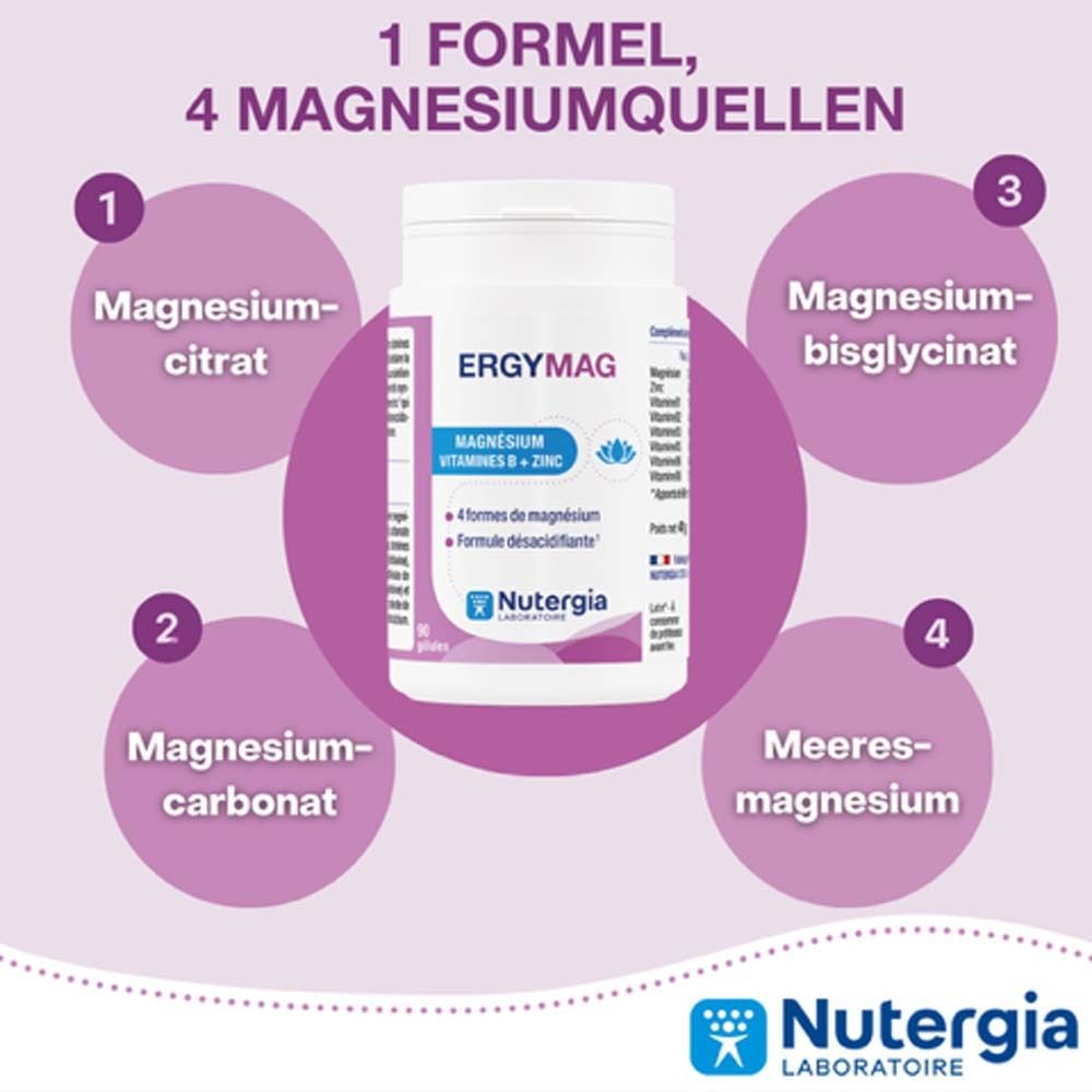 Ergymag-Dose. Text: 1 Formel, 4 Magnesiumquellen. Magnesiumcitrat, -carbonat, -bisglycinat, Meeresmagnesium.