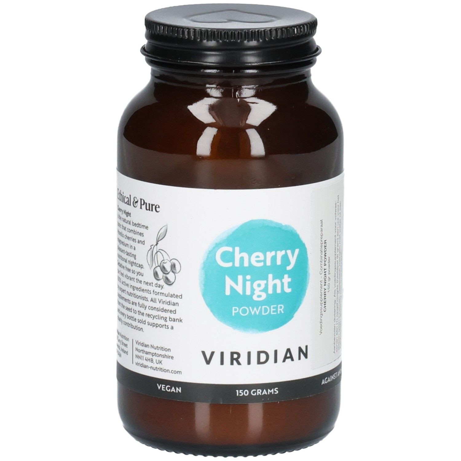 Braune Glasflasche mit schwarzem Deckel, Etikett mit "Cherry Night Powder" und "Viridian".