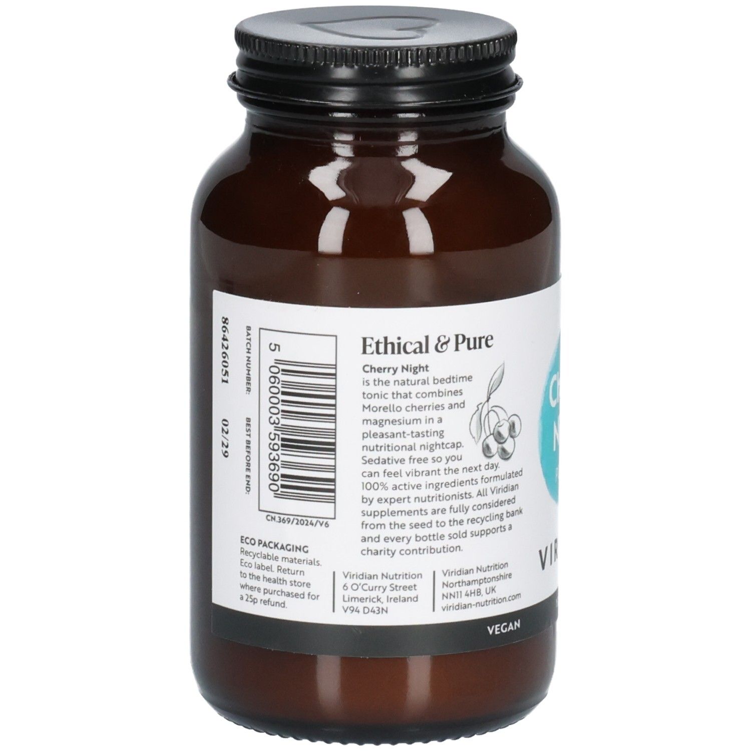 Rückseite einer braunen Glasflasche mit Etikett, das Inhaltsstoffe und Barcode zeigt.