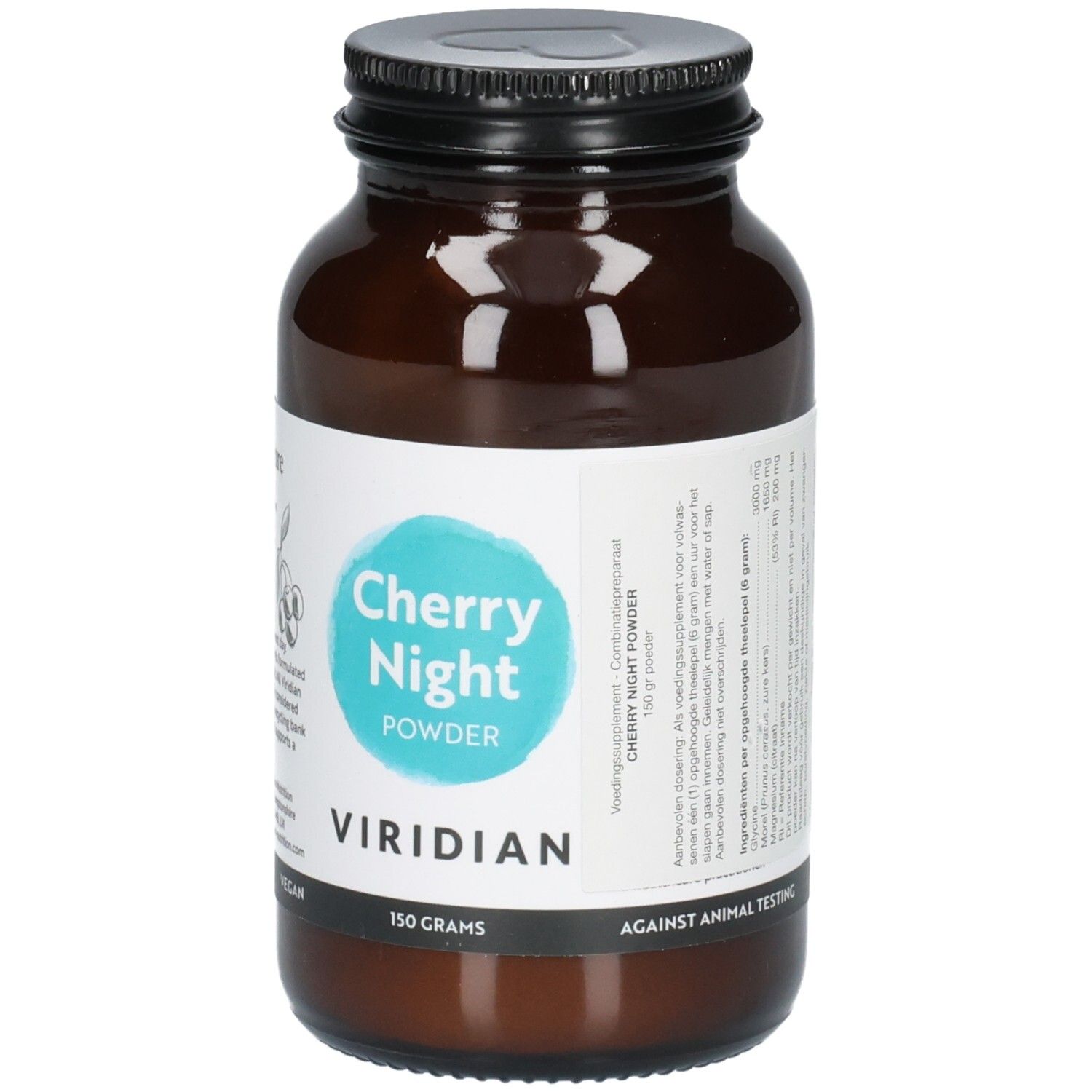 Braune Glasflasche mit Etikett "Cherry Night Powder" und "Viridian", 150 Gramm.