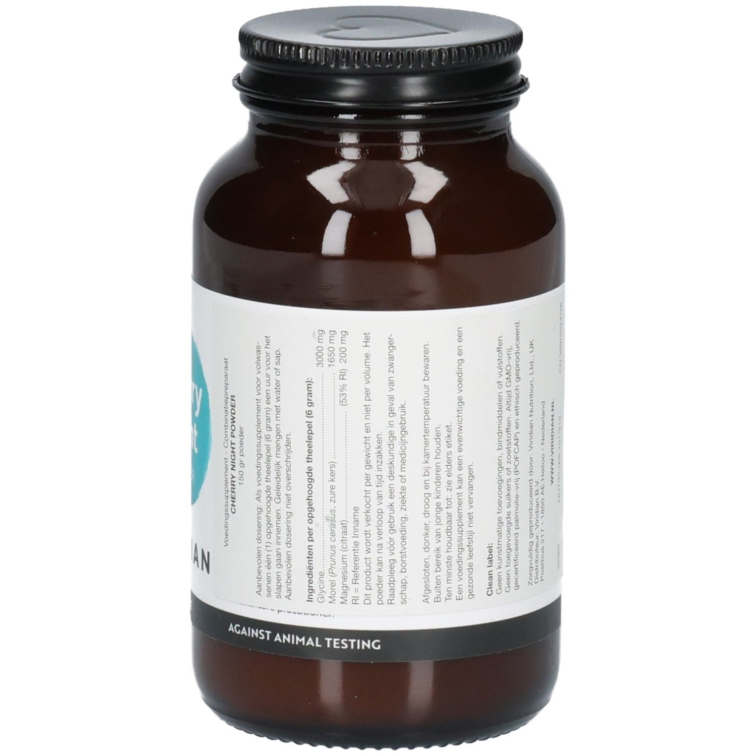 Rückseite einer braunen Glasflasche mit Etikett, das detaillierte Produktinformationen enthält.