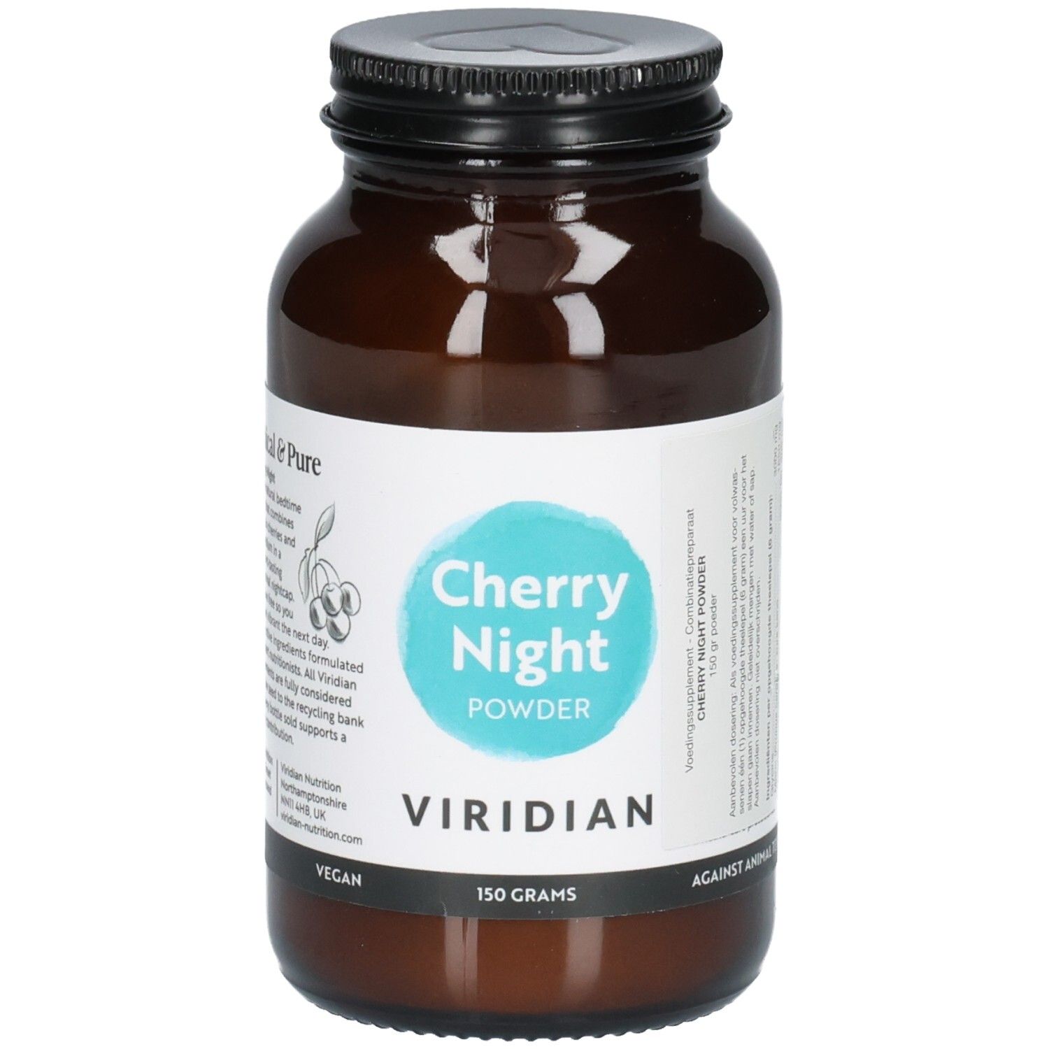 Braune Glasflasche mit schwarzem Deckel, Etikett "Cherry Night Powder" und "Viridian".