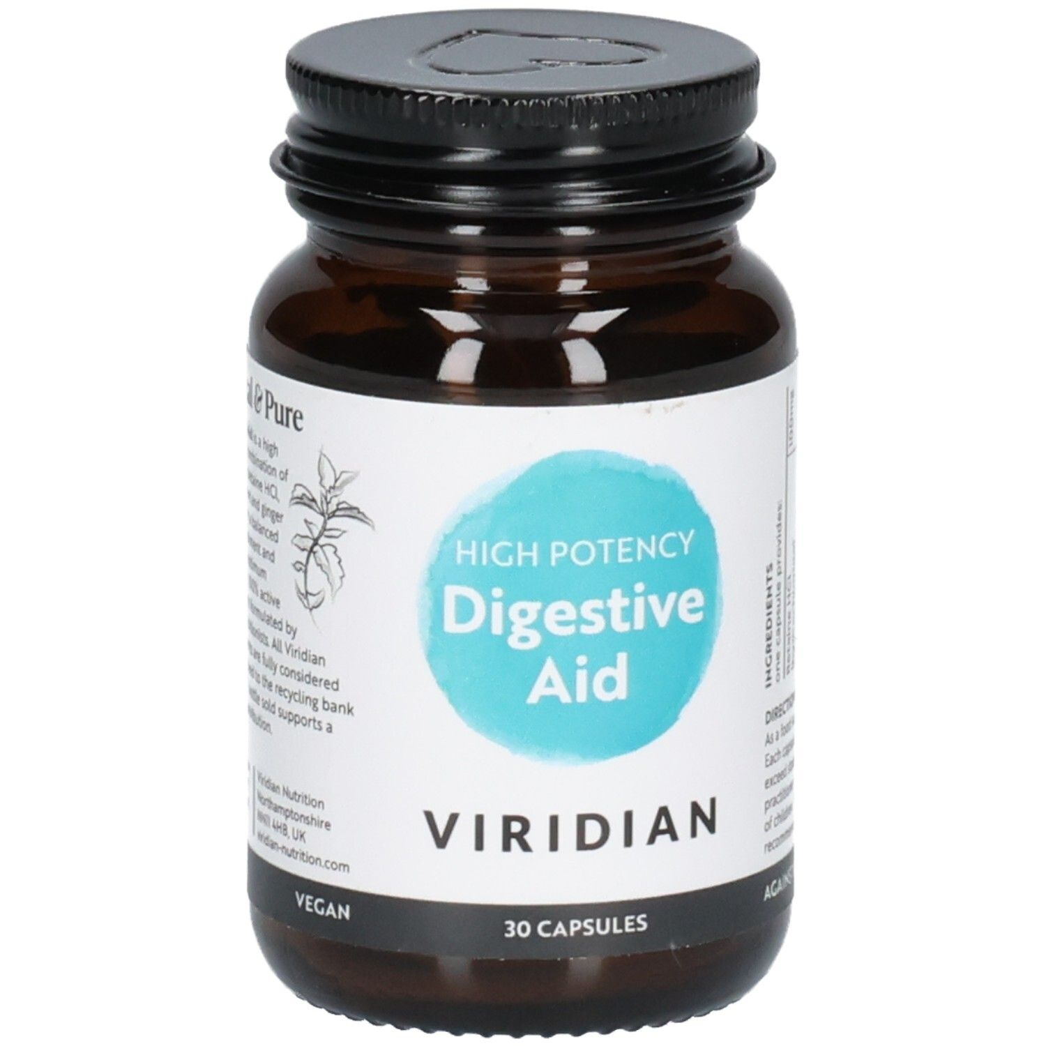 Braune Glasflasche mit schwarzem Deckel, Etikett mit "High Potency Digestive Aid" und "Viridian".