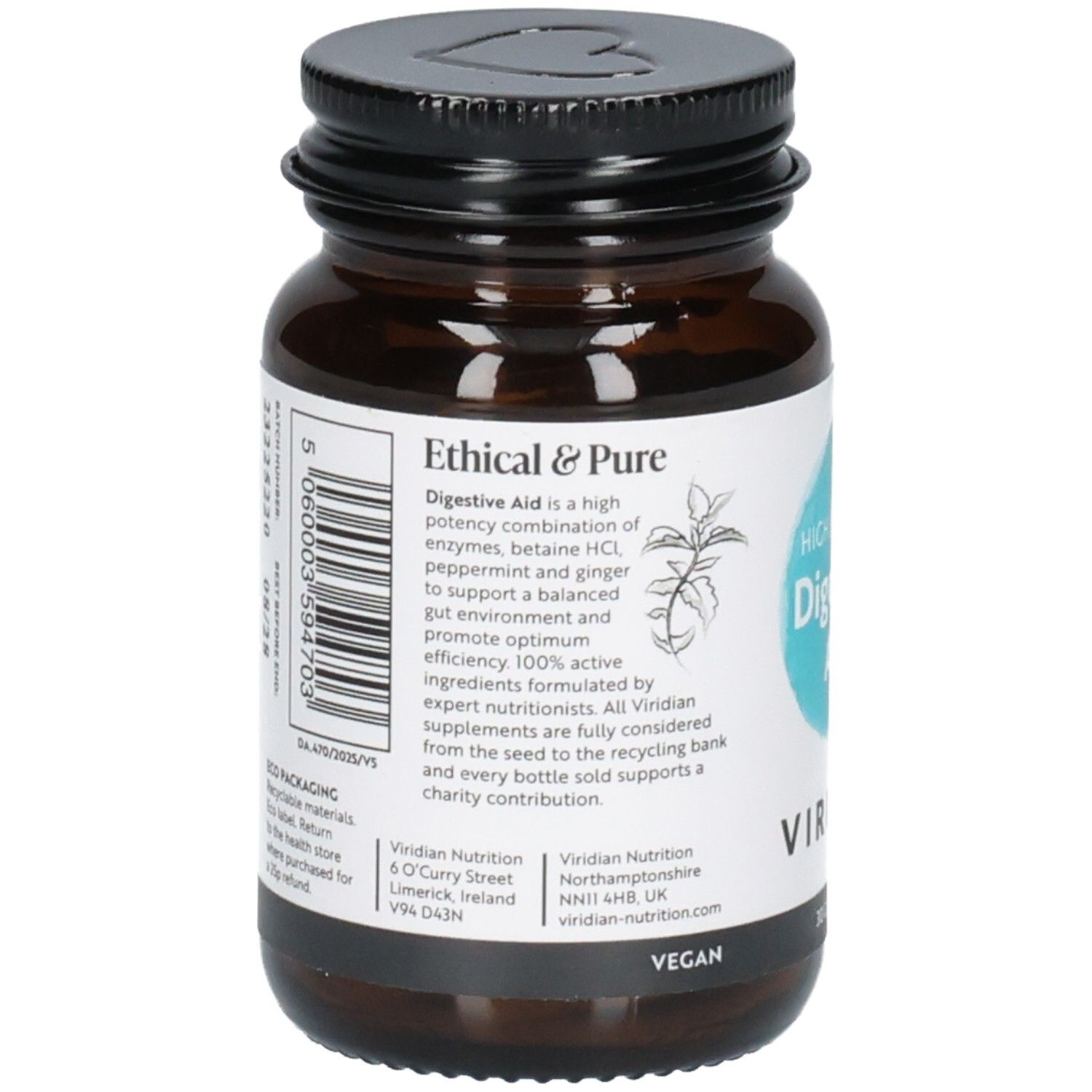 Rückseite einer braunen Glasflasche mit Etikett, das "Ethical & Pure" und Produktinformationen auflistet.