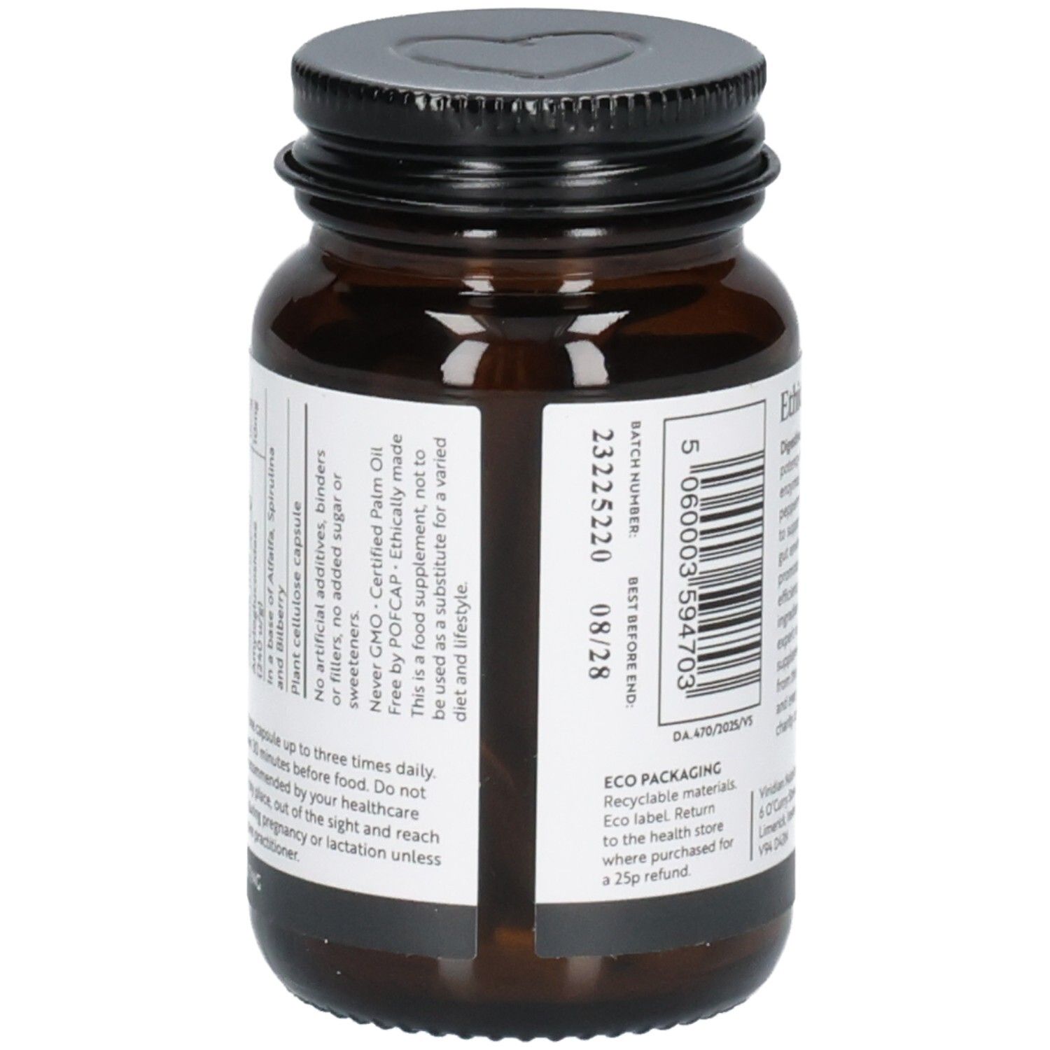 Seite einer braunen Glasflasche mit Etikett, das Chargennummer, Verfallsdatum und Öko-Verpackungsinformationen zeigt.