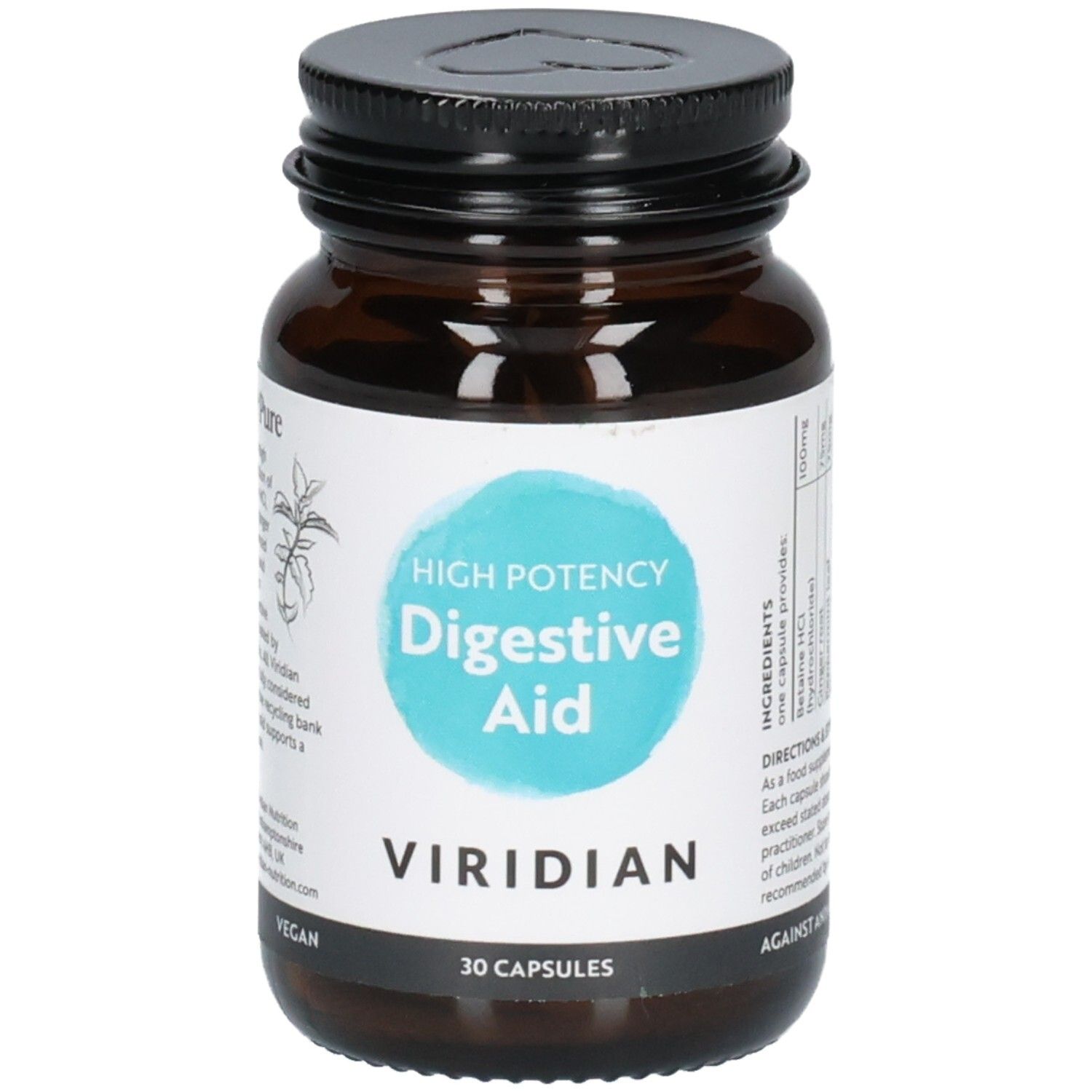Braune Glasflasche mit schwarzem Deckel, Etikett mit "High Potency Digestive Aid", "Viridian" und "Vegan"-Siegel.