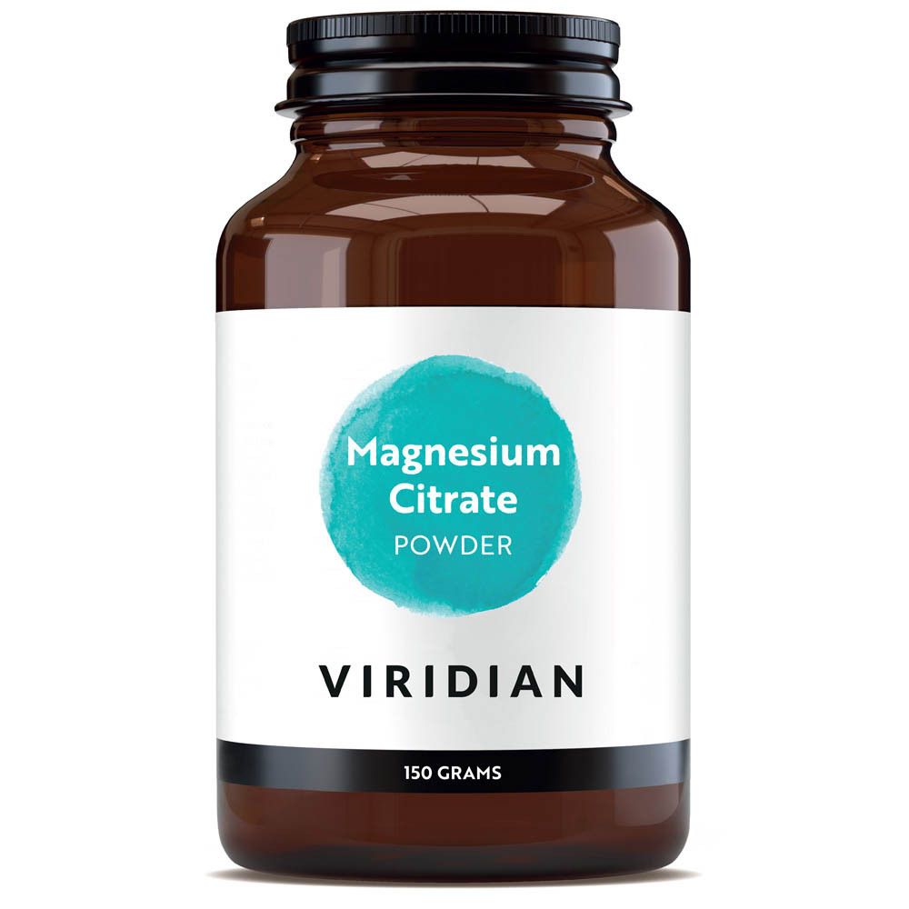 Flacon en verre brun avec couvercle noir. Étiquette avec cercle bleu, texte: Magnesium Citrate Powder, Viridian, 150 grams.