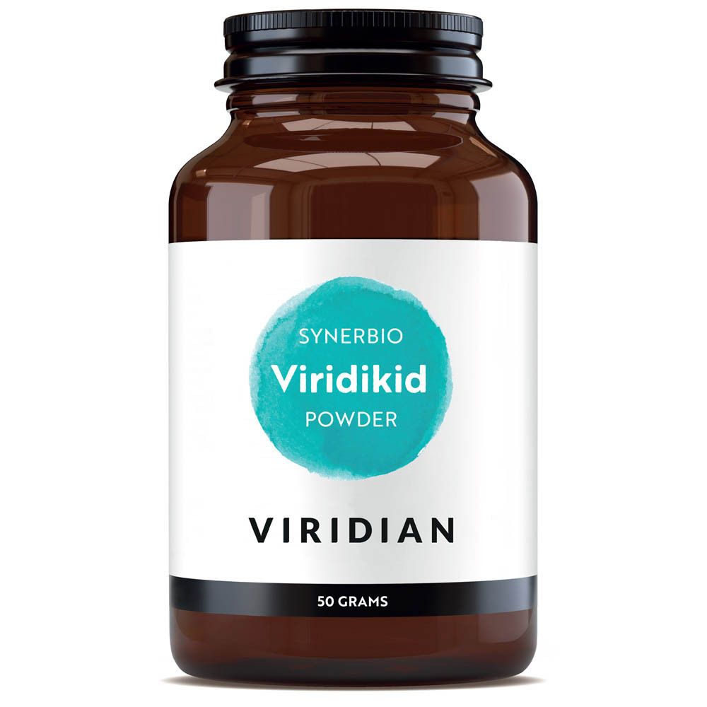 Flacon en verre brun avec couvercle noir. Étiquette "Synerbio Viridikid Powder" et "Viridian". "50 grams" en bas.