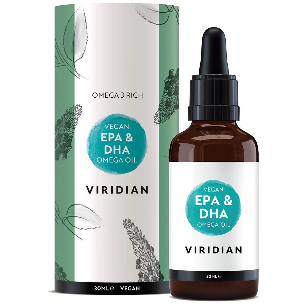 Flacon brun avec pipette et emballage vert. Inscription: Vegan EPA & DHA Omega Oil, Viridian.