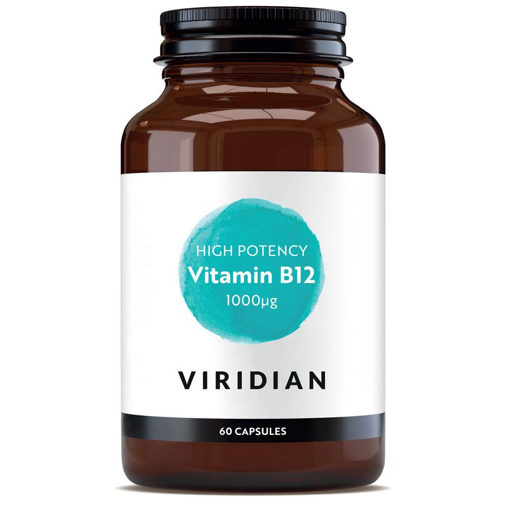 Flacon en verre brun avec bouchon noir. Étiquette blanche avec cercle bleu et texte: Vitamine B12 1000µg. Marque: Viridian. 60 gélules.