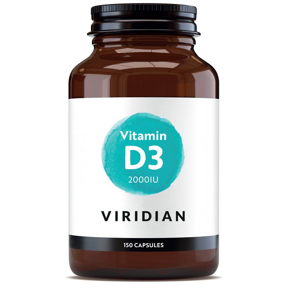 Flacon en verre brun avec bouchon noir. Étiquette "Vitamin D3 2000IU" et "Viridian". 150 capsules.