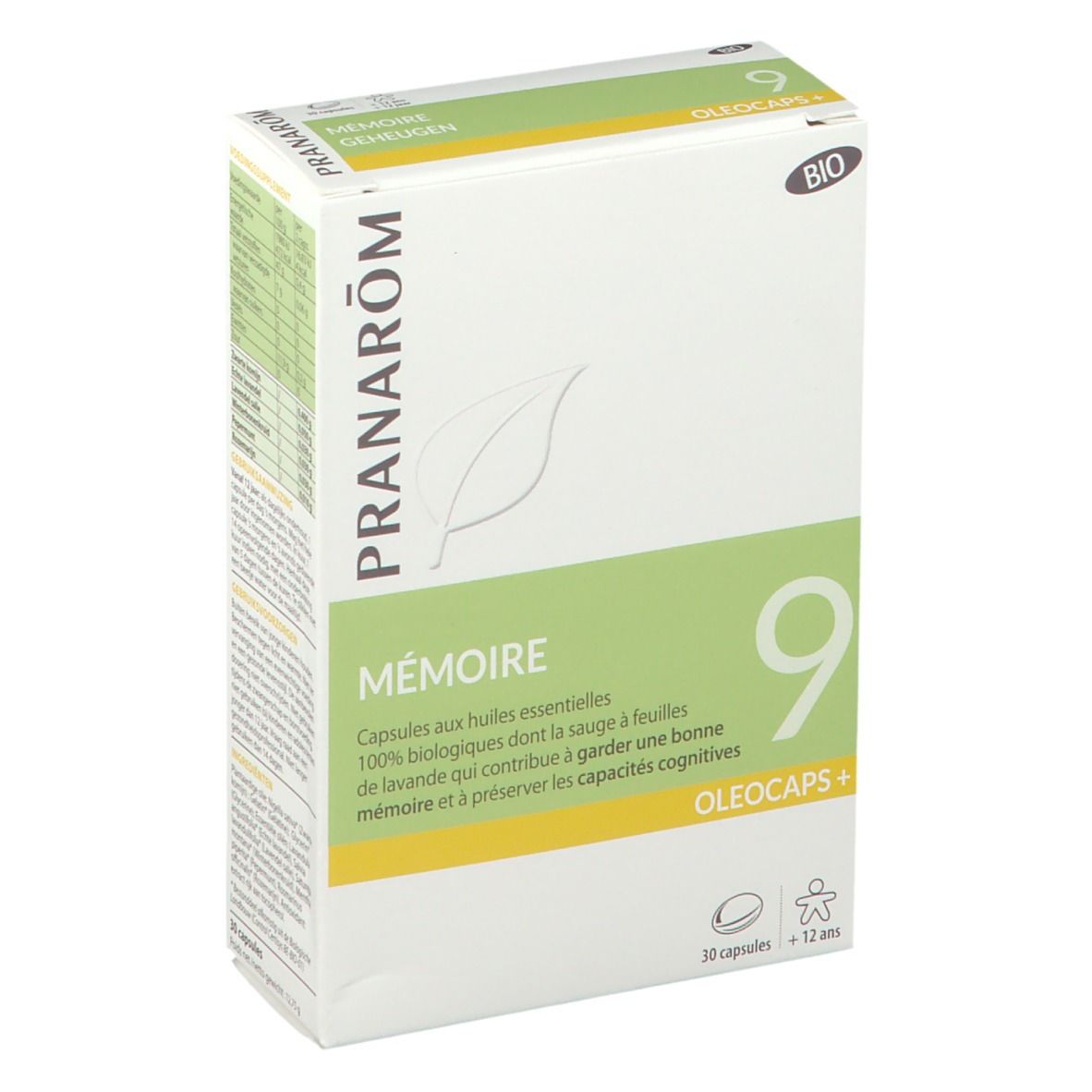 Boîte en carton avec logo et nom du produit. Inscription : Mémoire, Oleocaps+. Contient 30 capsules. Certification bio.