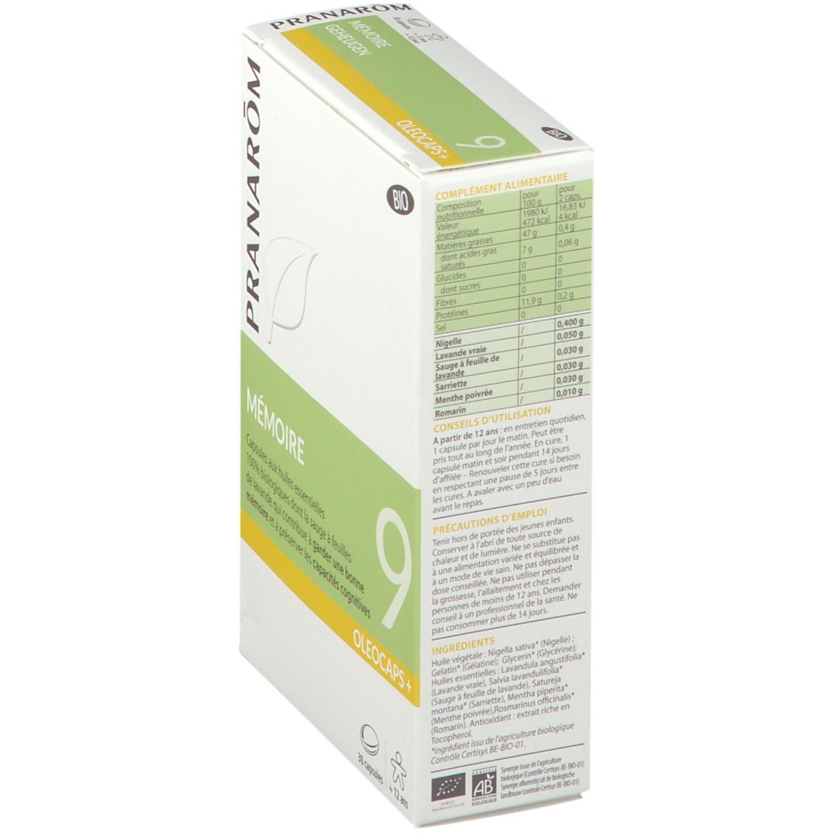 Vue latérale de la boîte en carton. Contient des informations sur le produit, un tableau nutritionnel et des ingrédients. Certification bio.