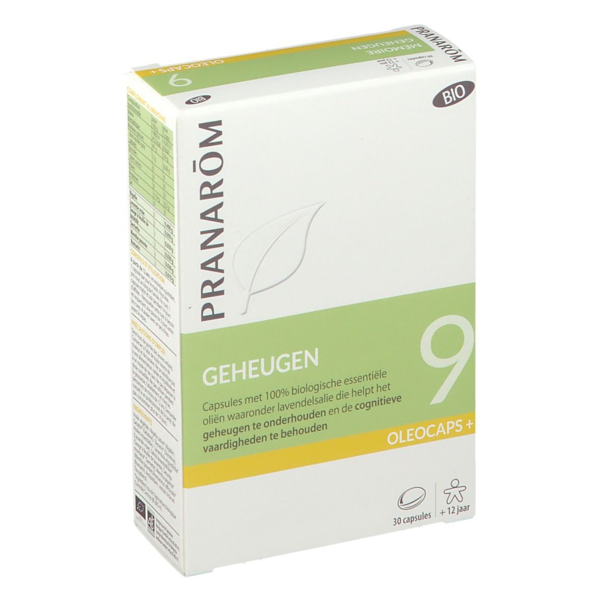 Boîte en carton avec logo et nom du produit. Inscription : Geheugen, Oleocaps+. Contient 30 capsules. Certification bio.