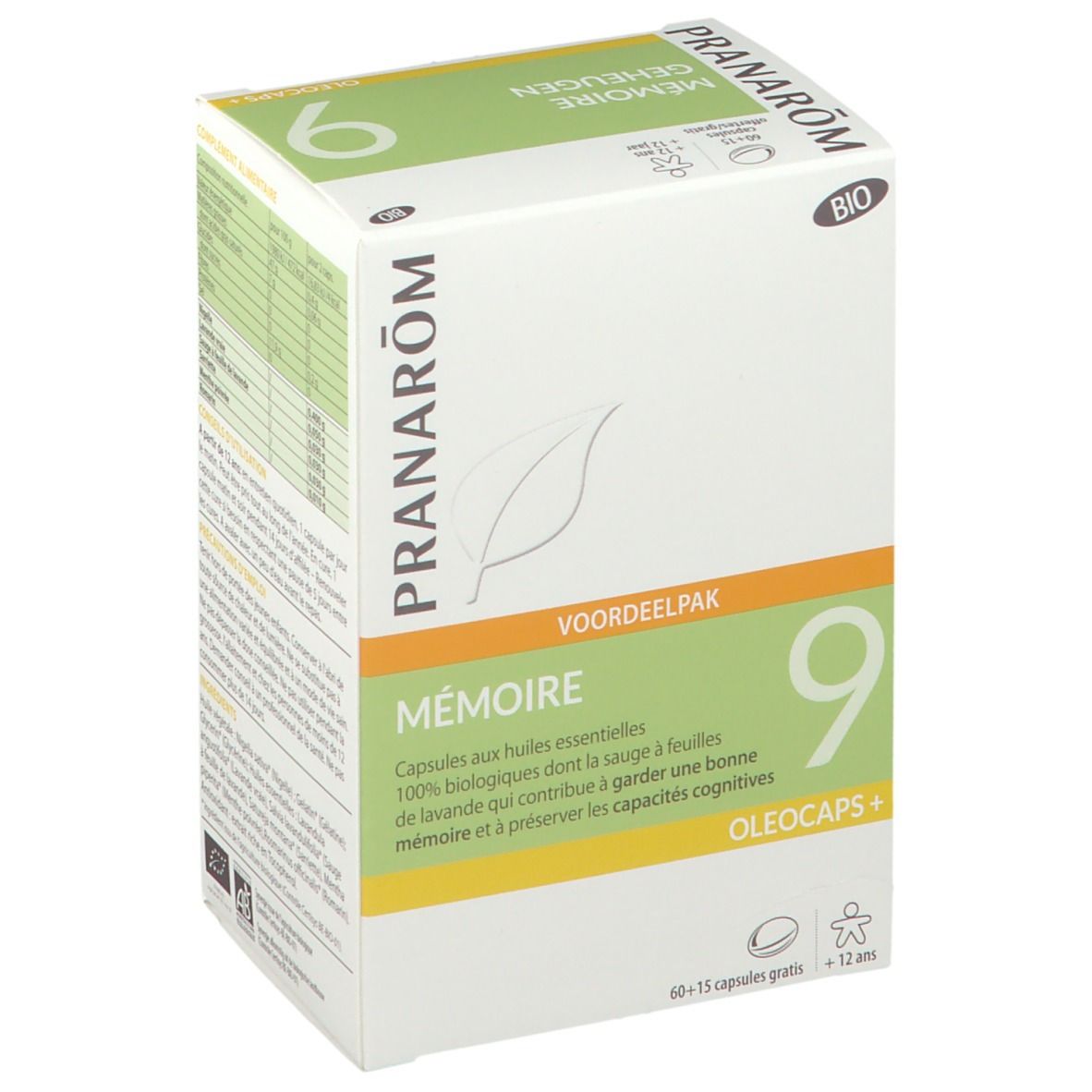 Weißer Karton mit PRANAROM-Logo und Aufschrift 'Mémoire 9'. Enthält Kapseln. BIO-Zertifizierung.