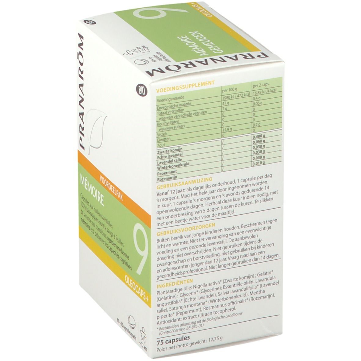 Karton mit Produktinformationen. Enthält 'Mémoire 9' Kapseln. BIO-Zertifizierung. Inhaltsstoffe und Anwendungshinweise.